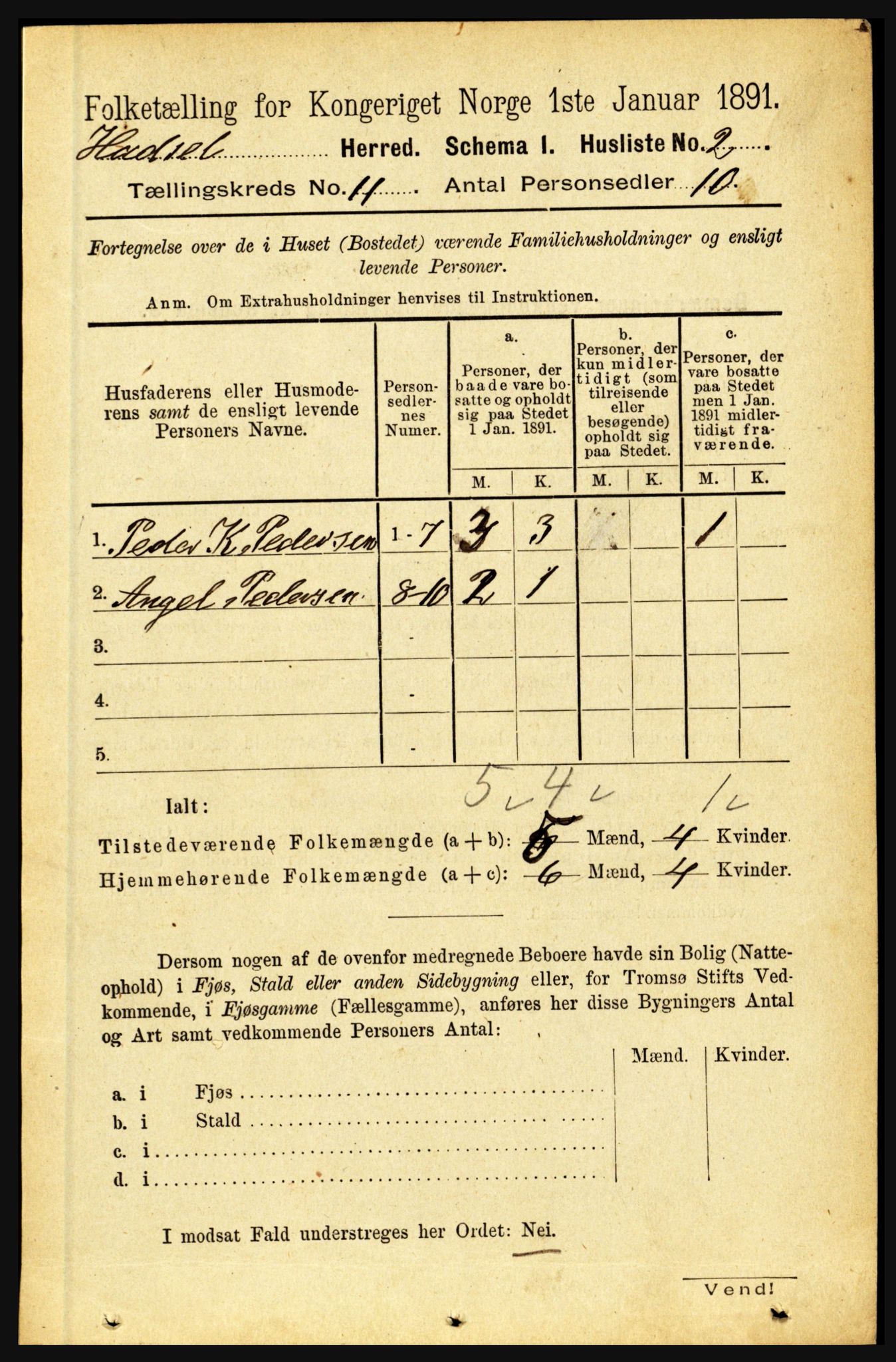 RA, 1891 census for 1866 Hadsel, 1891, p. 4644