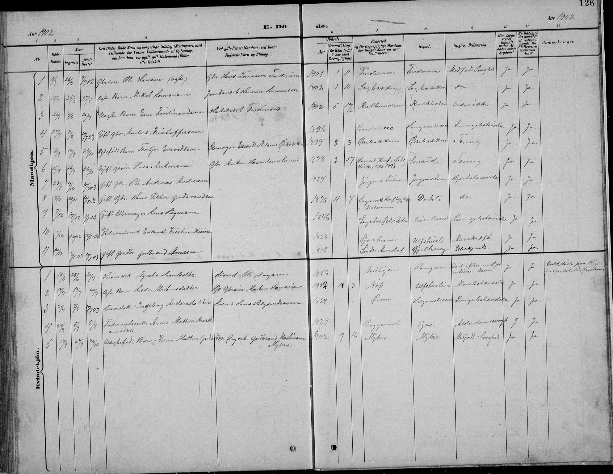 Nordre Land prestekontor, SAH/PREST-124/H/Ha/Hab/L0013: Parish register (copy) no. 13, 1891-1904, p. 126