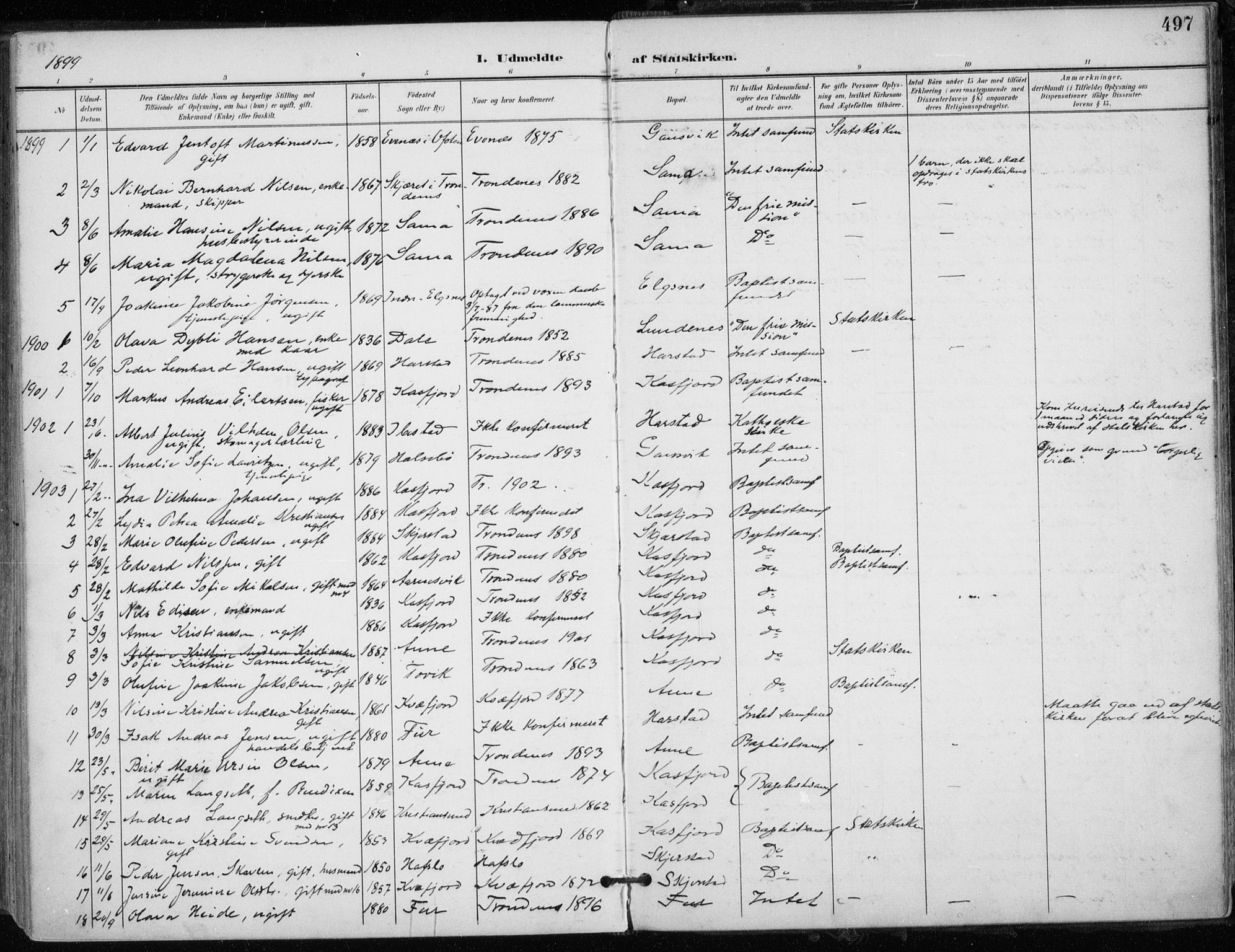 Trondenes sokneprestkontor, SATØ/S-1319/H/Ha/L0017kirke: Parish register (official) no. 17, 1899-1908, p. 497