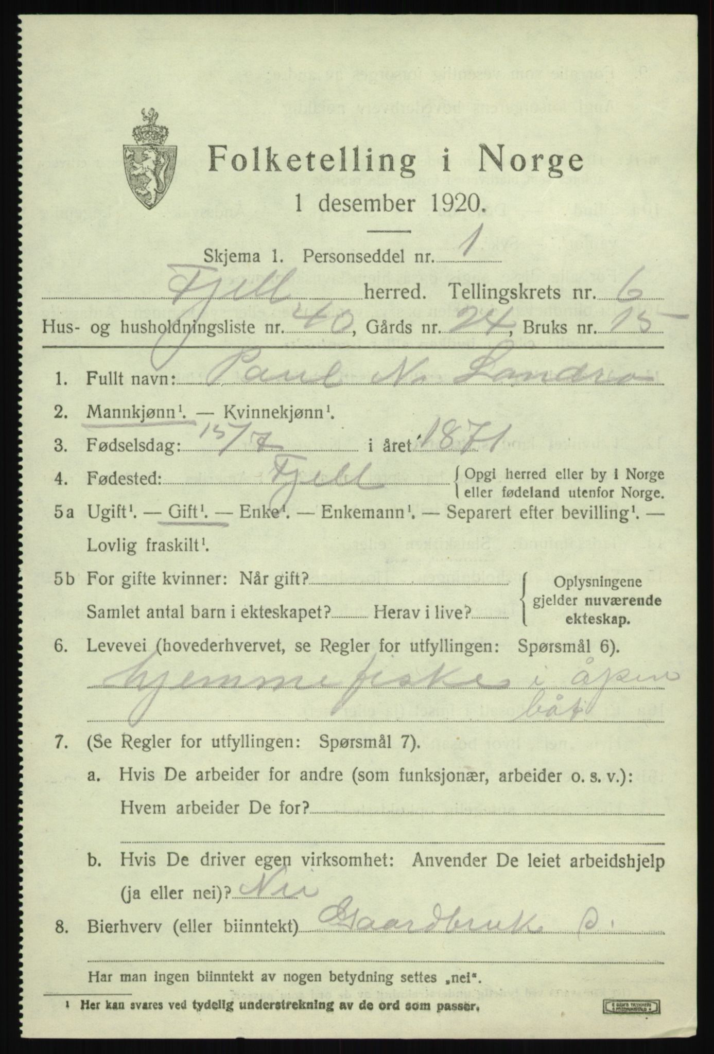 SAB, 1920 census for Fjell, 1920, p. 5776