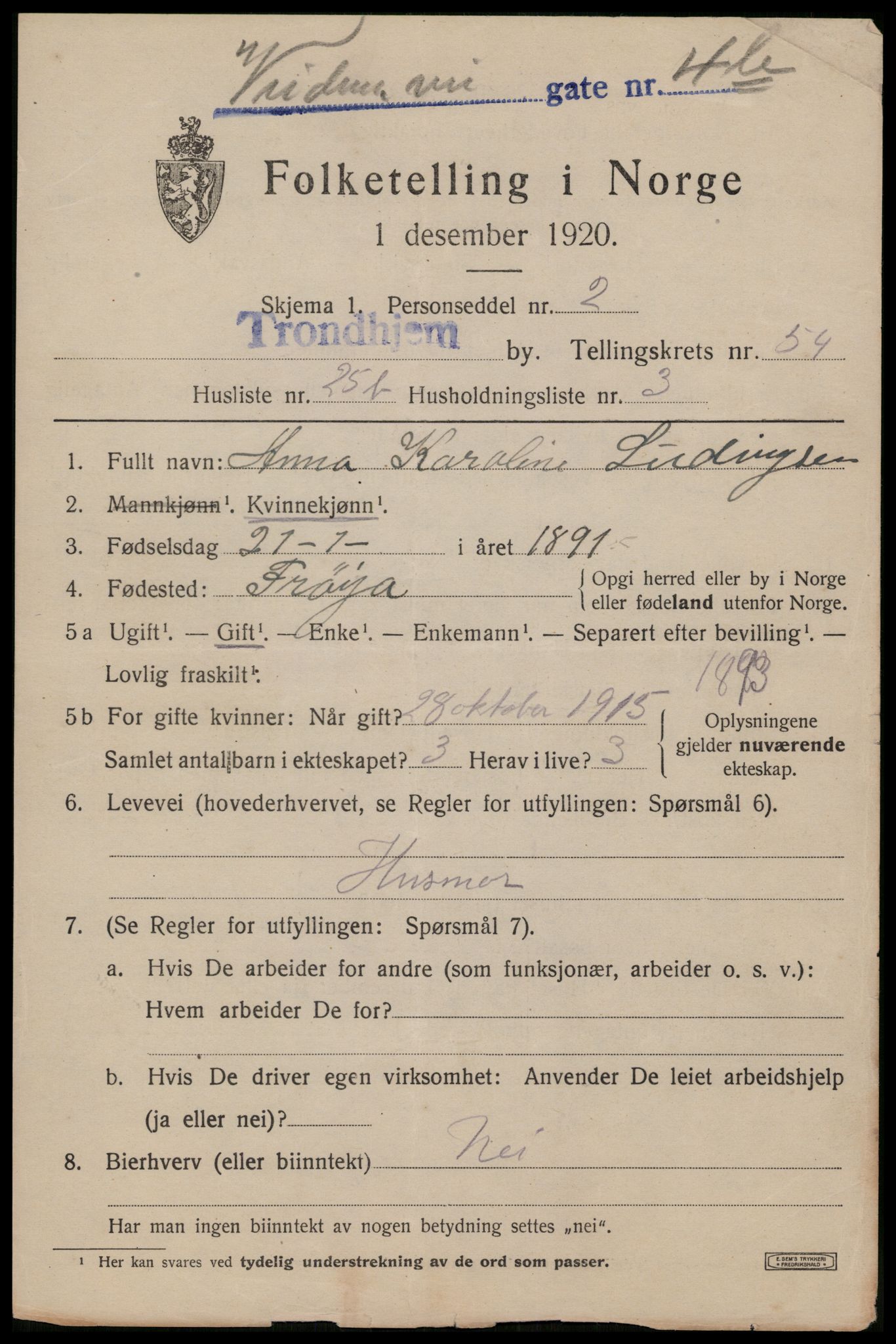 SAT, 1920 census for Trondheim, 1920, p. 111422