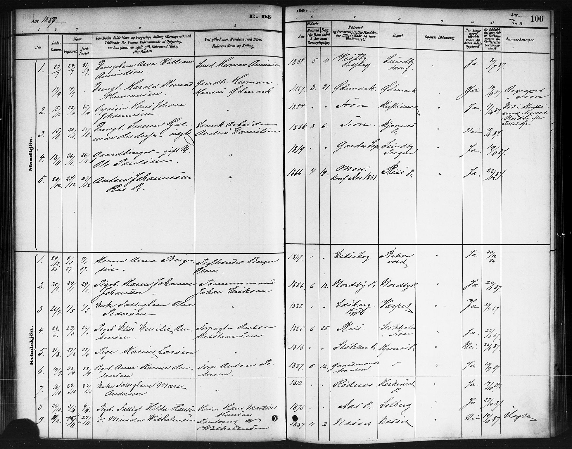 Ås prestekontor Kirkebøker, AV/SAO-A-10894/F/Fb/L0001: Parish register (official) no. II 1, 1881-1895, p. 106