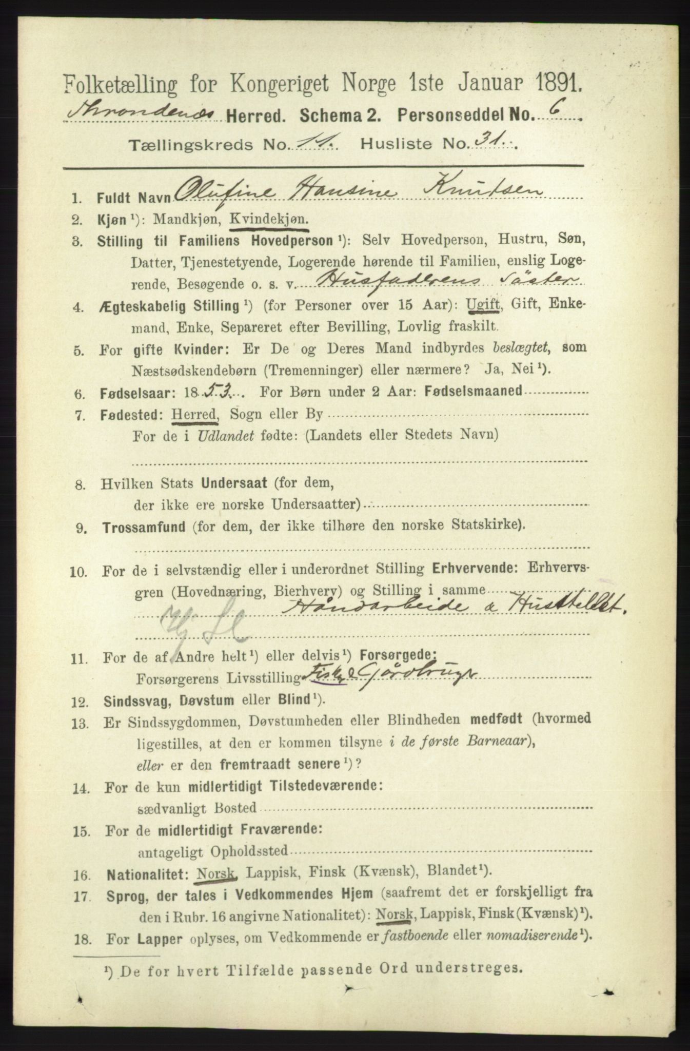 RA, 1891 census for 1914 Trondenes, 1891, p. 8206