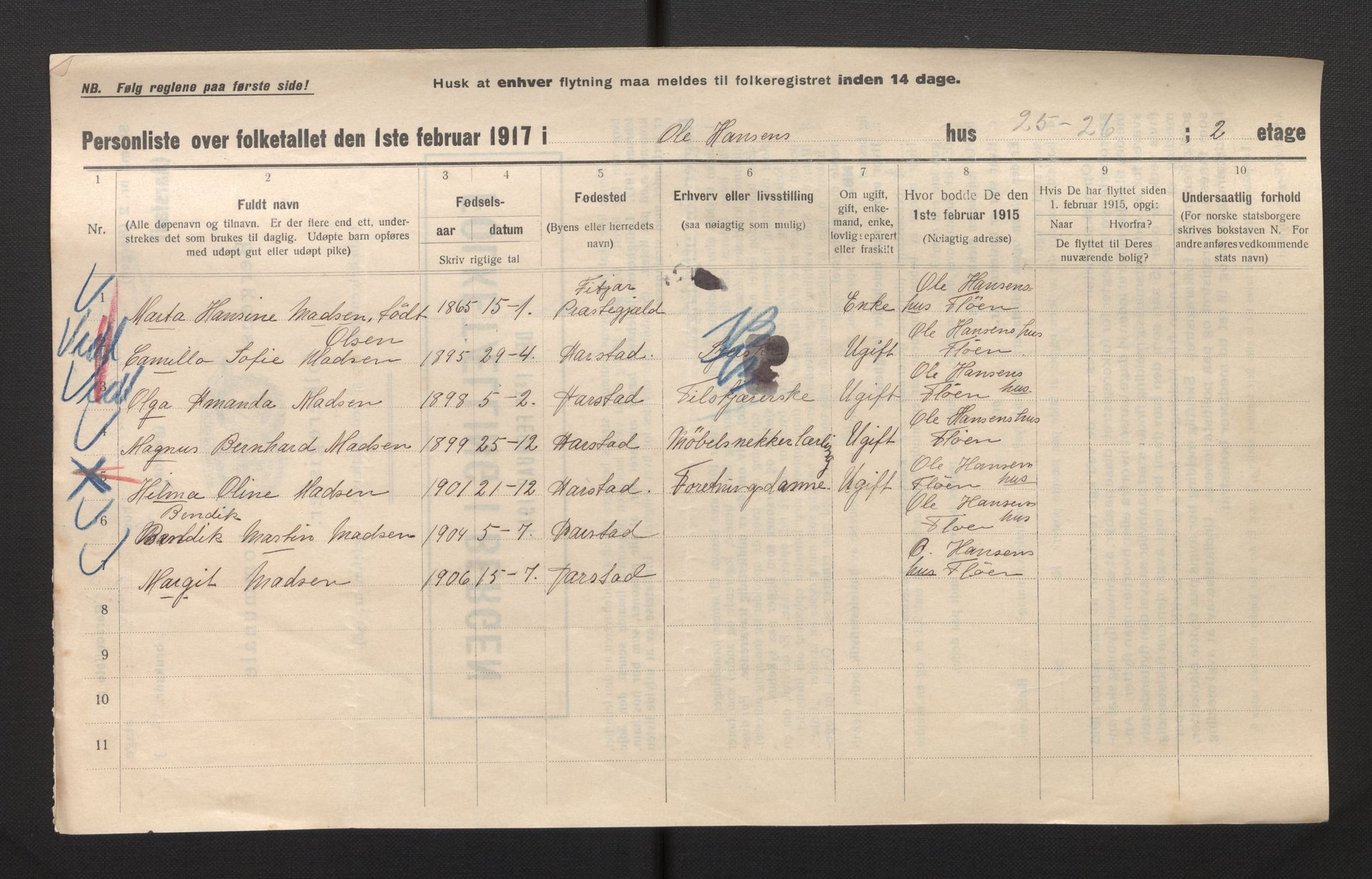 SAB, Municipal Census 1917 for Bergen, 1917, p. 54186