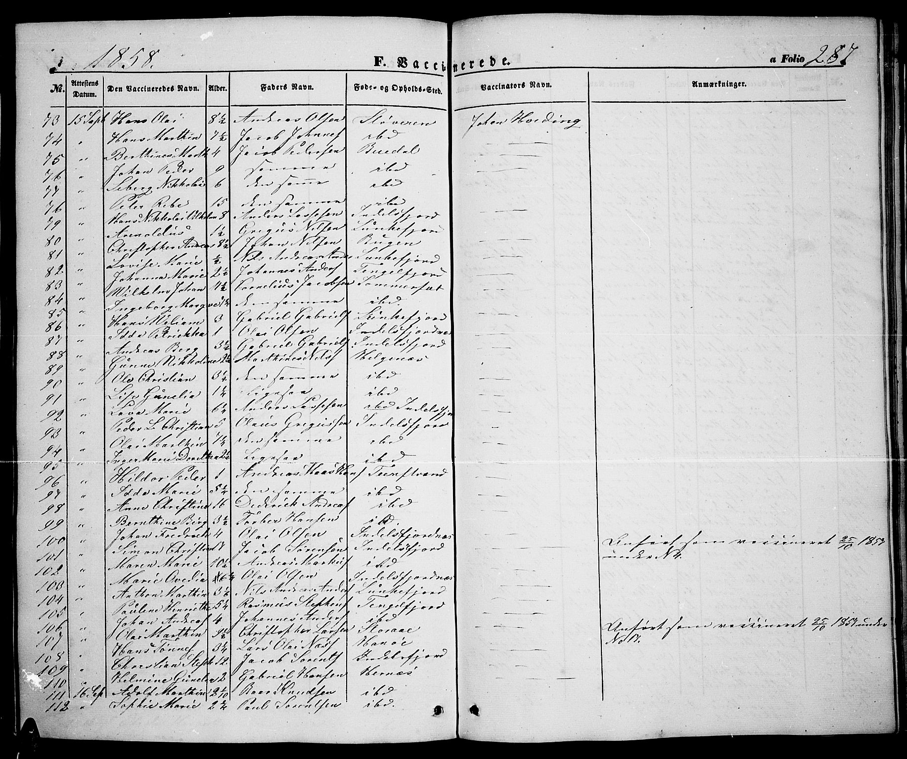 Ministerialprotokoller, klokkerbøker og fødselsregistre - Nordland, AV/SAT-A-1459/888/L1265: Parish register (copy) no. 888C03, 1850-1863, p. 287