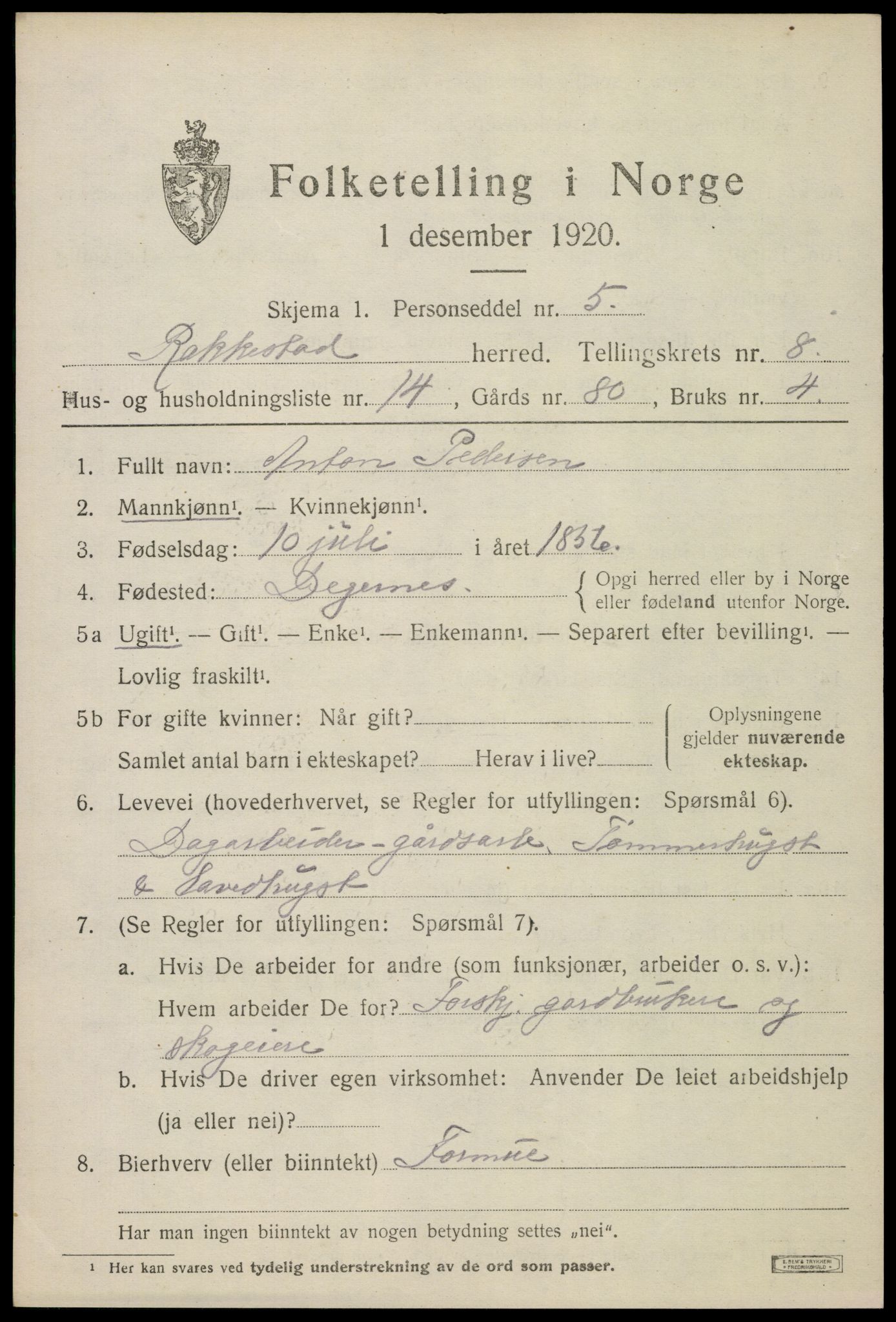 SAO, 1920 census for Rakkestad, 1920, p. 7399