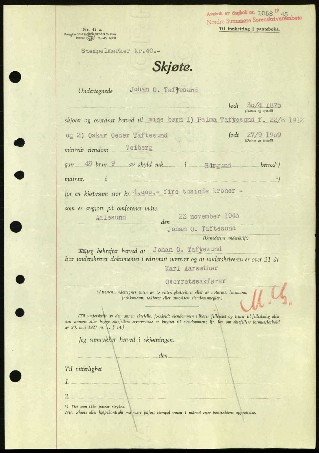 Nordre Sunnmøre sorenskriveri, AV/SAT-A-0006/1/2/2C/2Ca: Mortgage book no. A20a, 1945-1945, Diary no: : 1058/1945