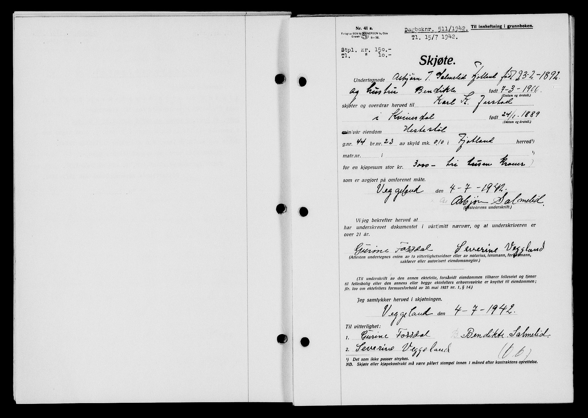 Flekkefjord sorenskriveri, SAK/1221-0001/G/Gb/Gba/L0057: Mortgage book no. A-5, 1941-1942, Diary no: : 511/1942