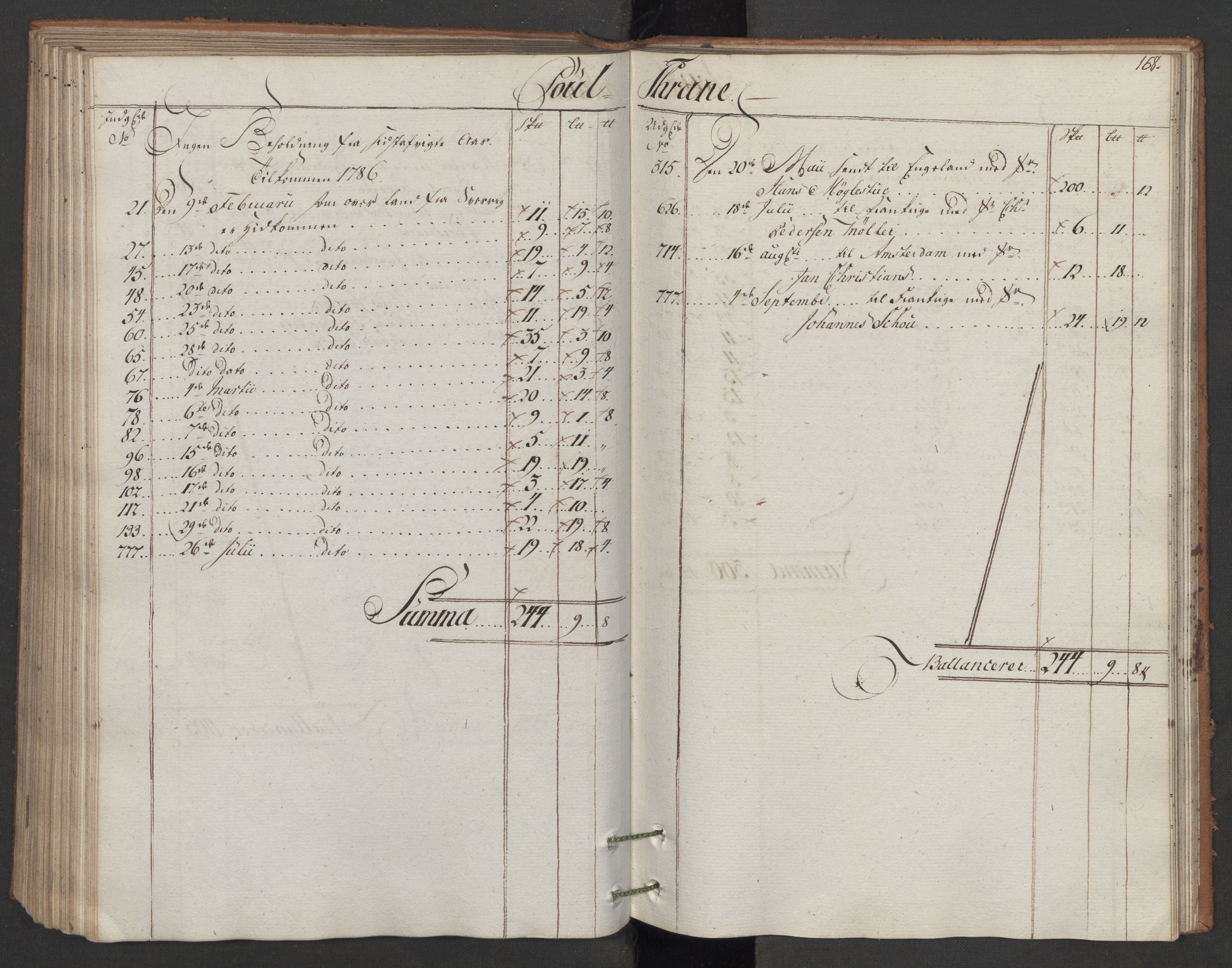 Generaltollkammeret, tollregnskaper, AV/RA-EA-5490/R06/L0166/0001: Tollregnskaper Kristiania / Utgående hovedtollbok, 1786, p. 167b-168a