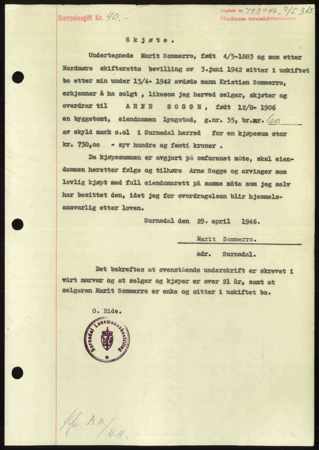 Nordmøre sorenskriveri, AV/SAT-A-4132/1/2/2Ca: Mortgage book no. A101, 1946-1946, Diary no: : 723/1946