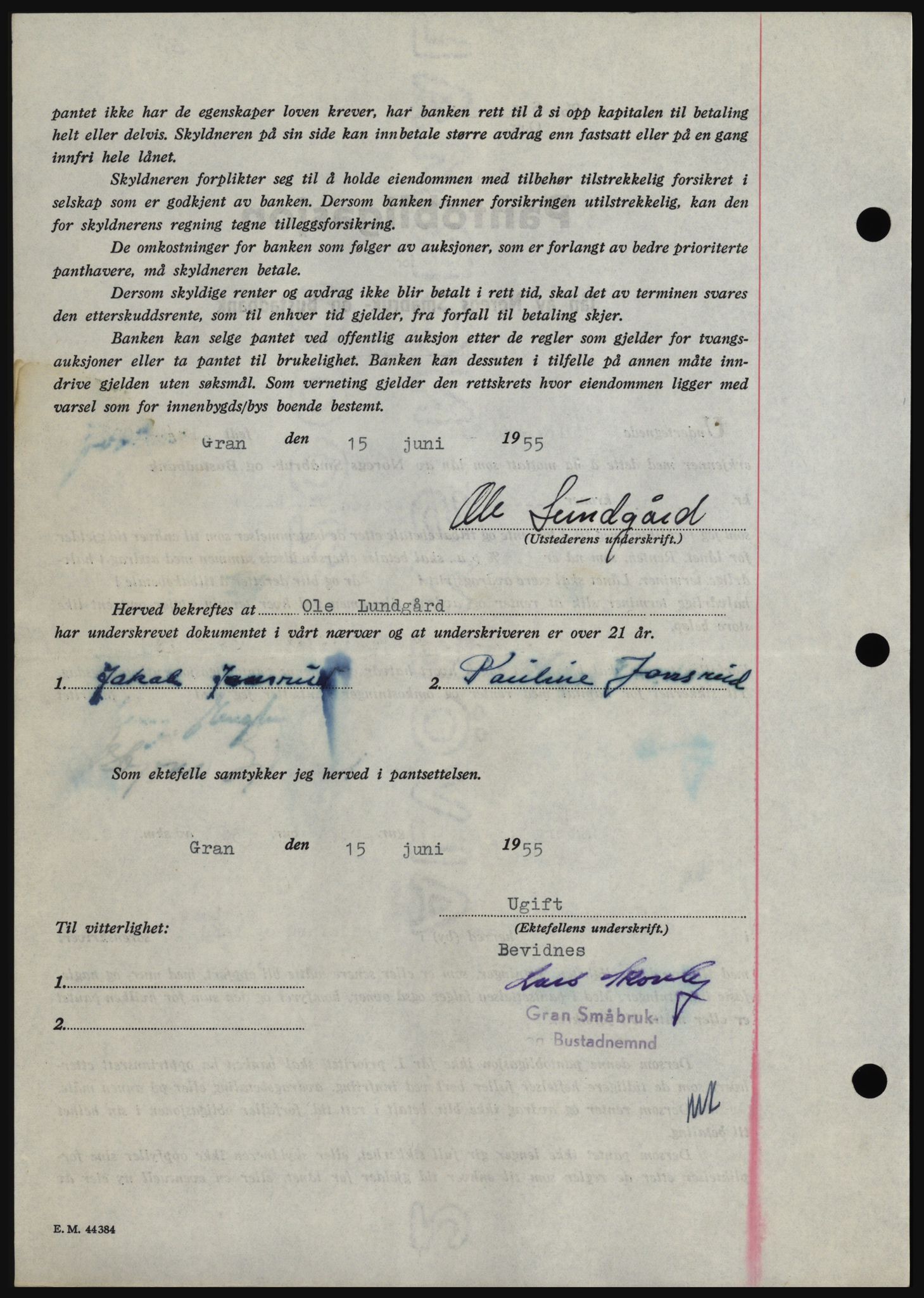 Hadeland og Land tingrett, SAH/TING-010/H/Hb/Hbc/L0032: Mortgage book no. B32, 1955-1955, Diary no: : 1915/1955