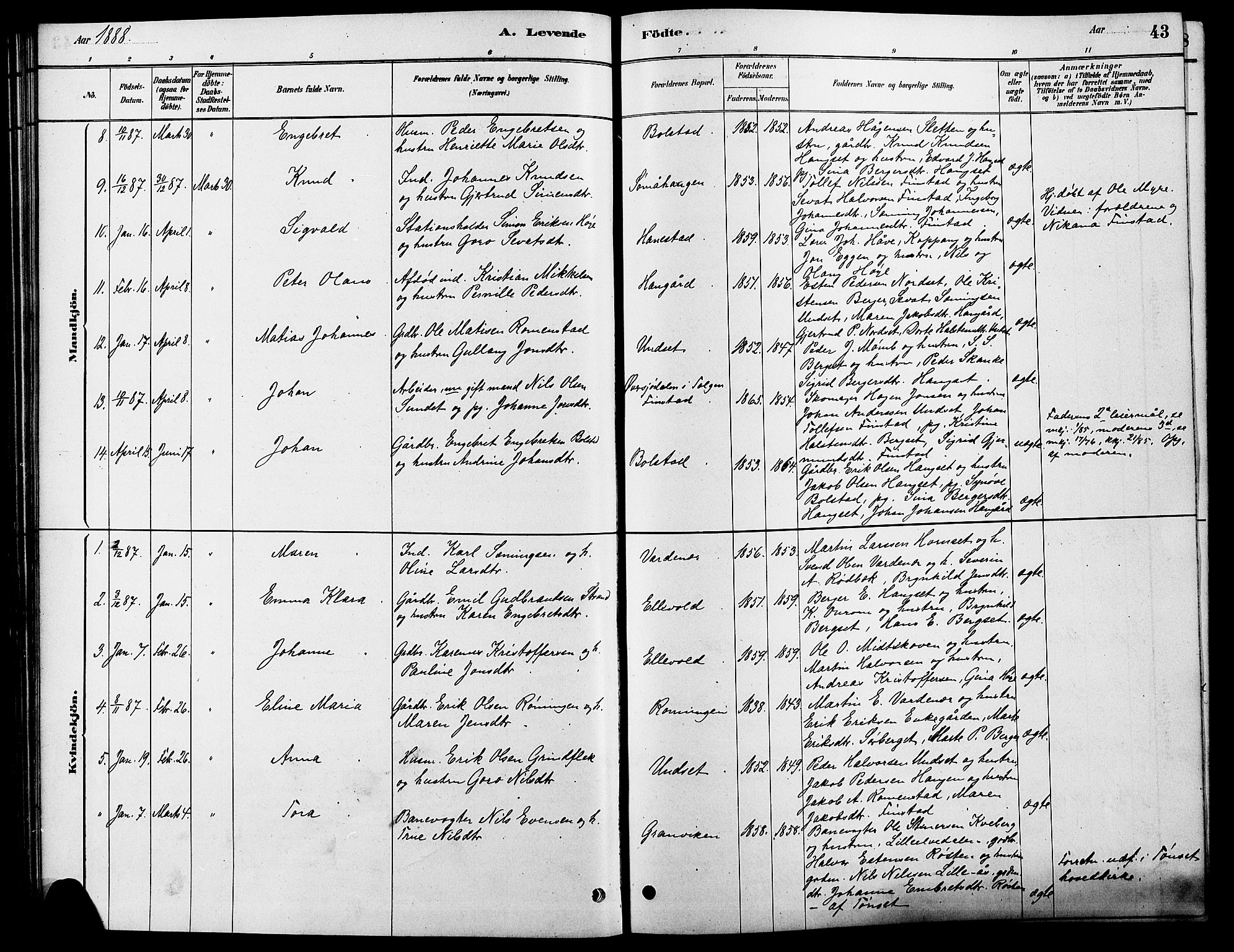 Rendalen prestekontor, AV/SAH-PREST-054/H/Ha/Hab/L0003: Parish register (copy) no. 3, 1879-1904, p. 43