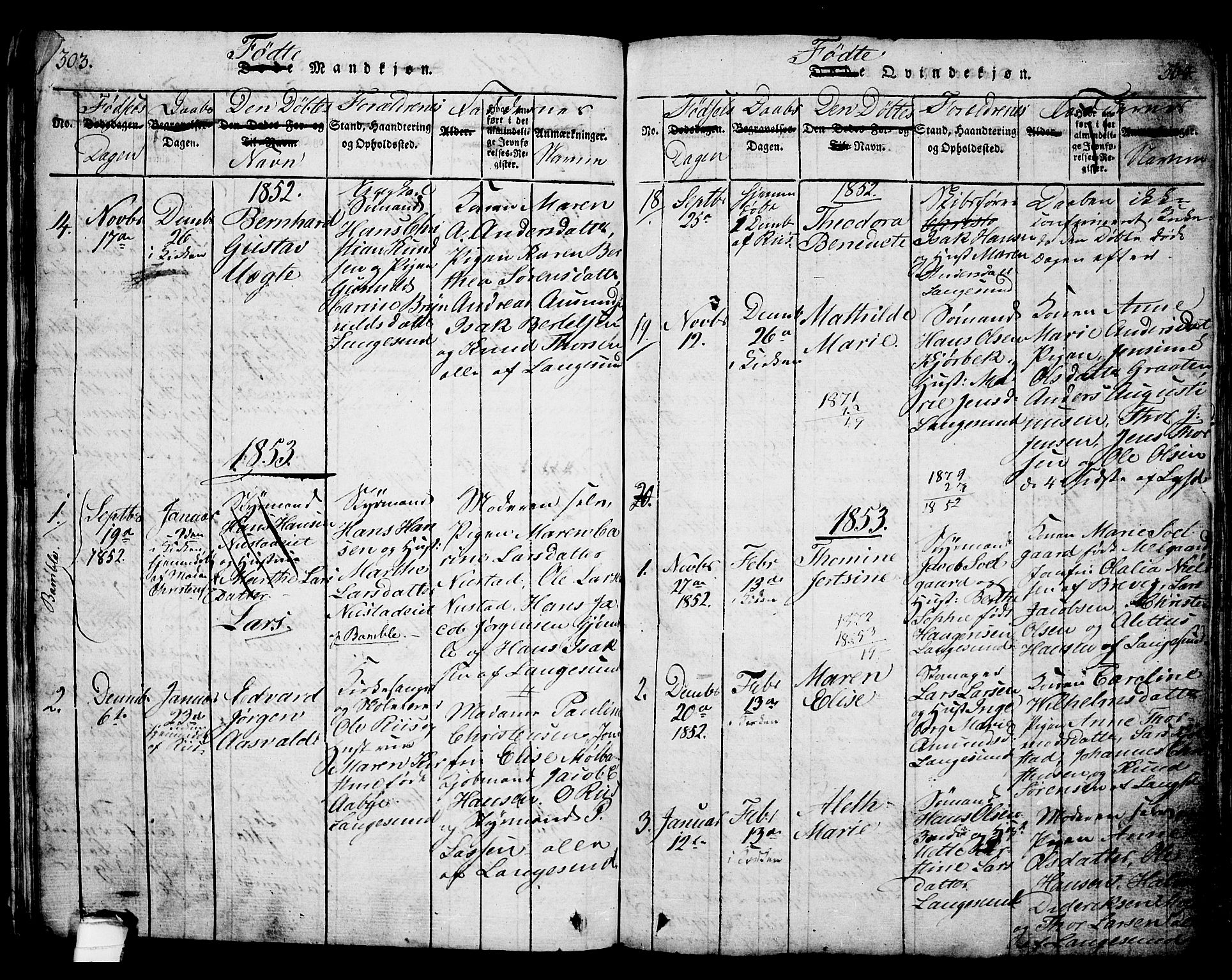 Langesund kirkebøker, SAKO/A-280/G/Ga/L0003: Parish register (copy) no. 3, 1815-1858, p. 303-304
