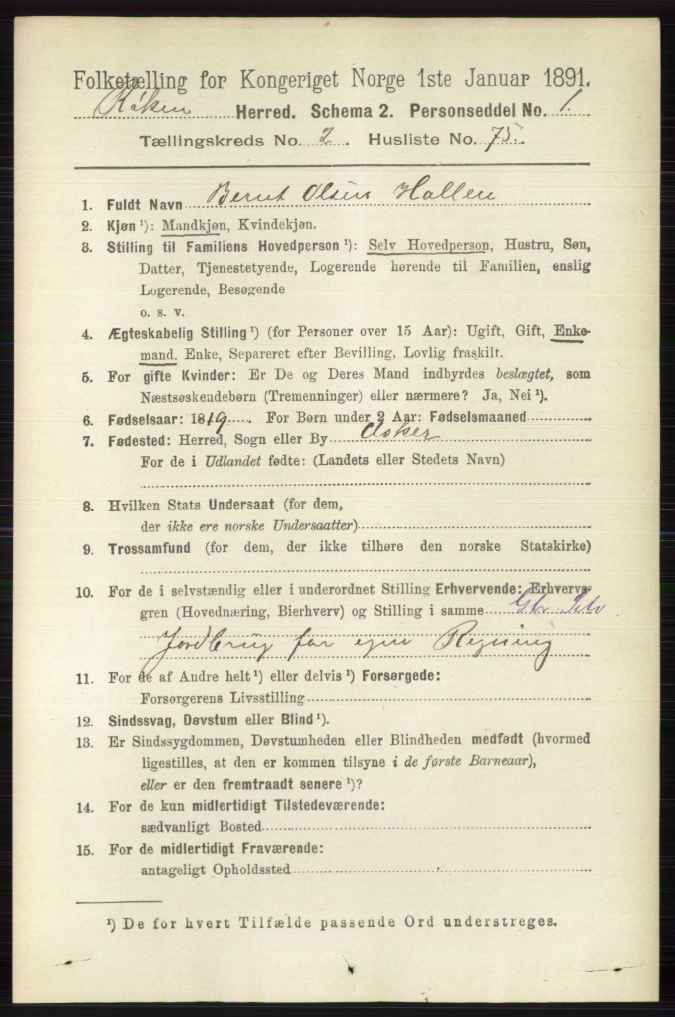 RA, 1891 census for 0627 Røyken, 1891, p. 1086