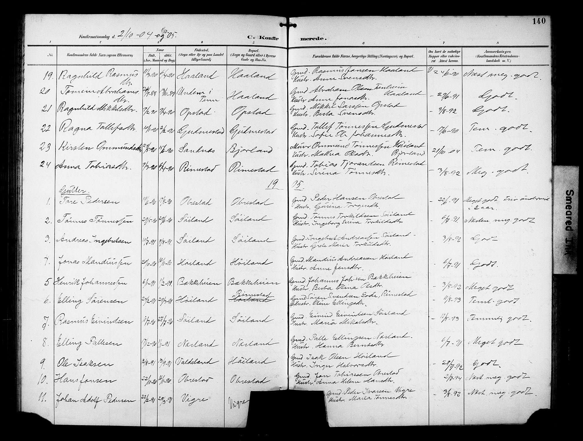 Hå sokneprestkontor, AV/SAST-A-101801/001/30BB/L0005: Parish register (copy) no. B 5, 1894-1912, p. 140