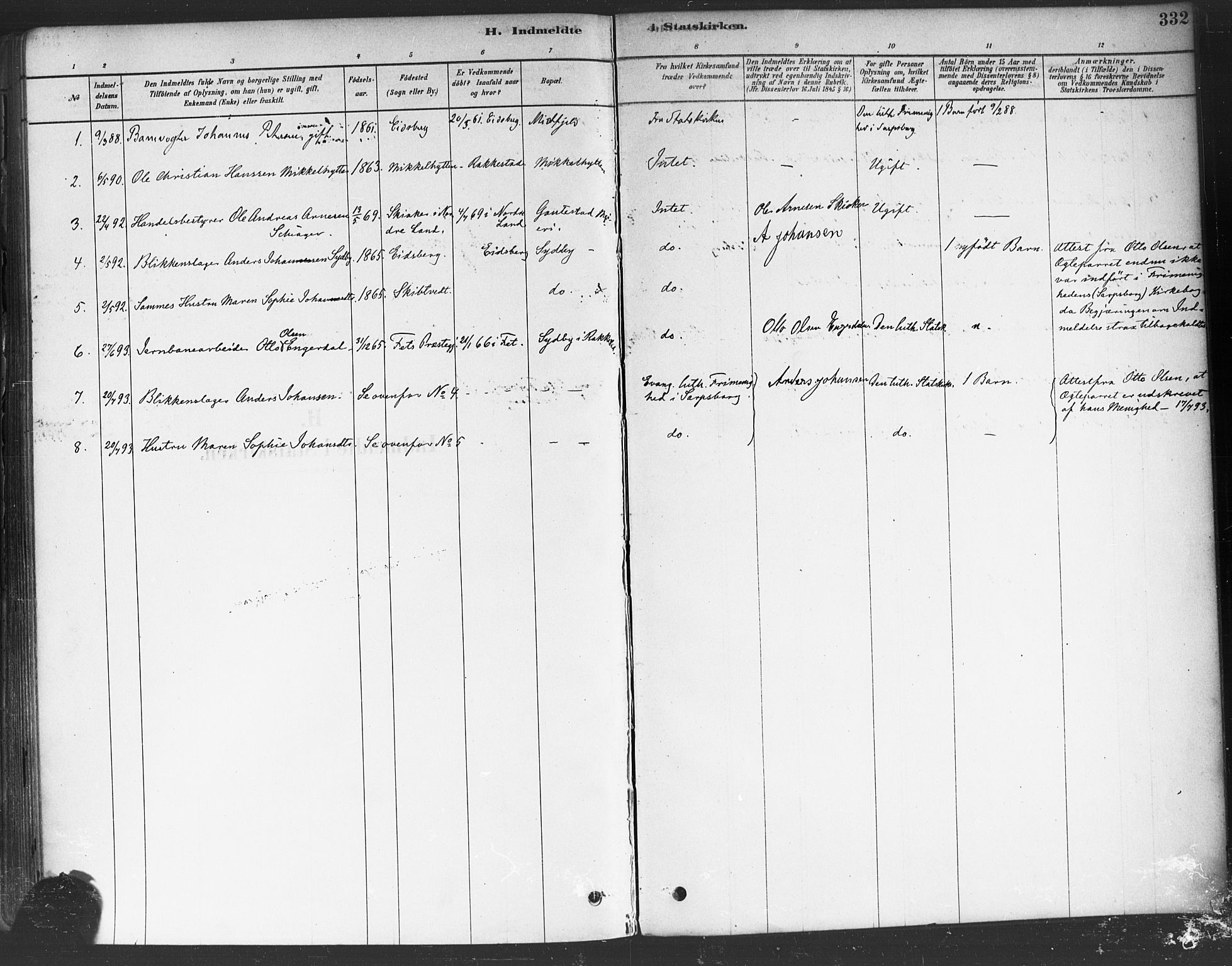 Rakkestad prestekontor Kirkebøker, AV/SAO-A-2008/F/Fa/L0012: Parish register (official) no. I 12, 1878-1893, p. 332