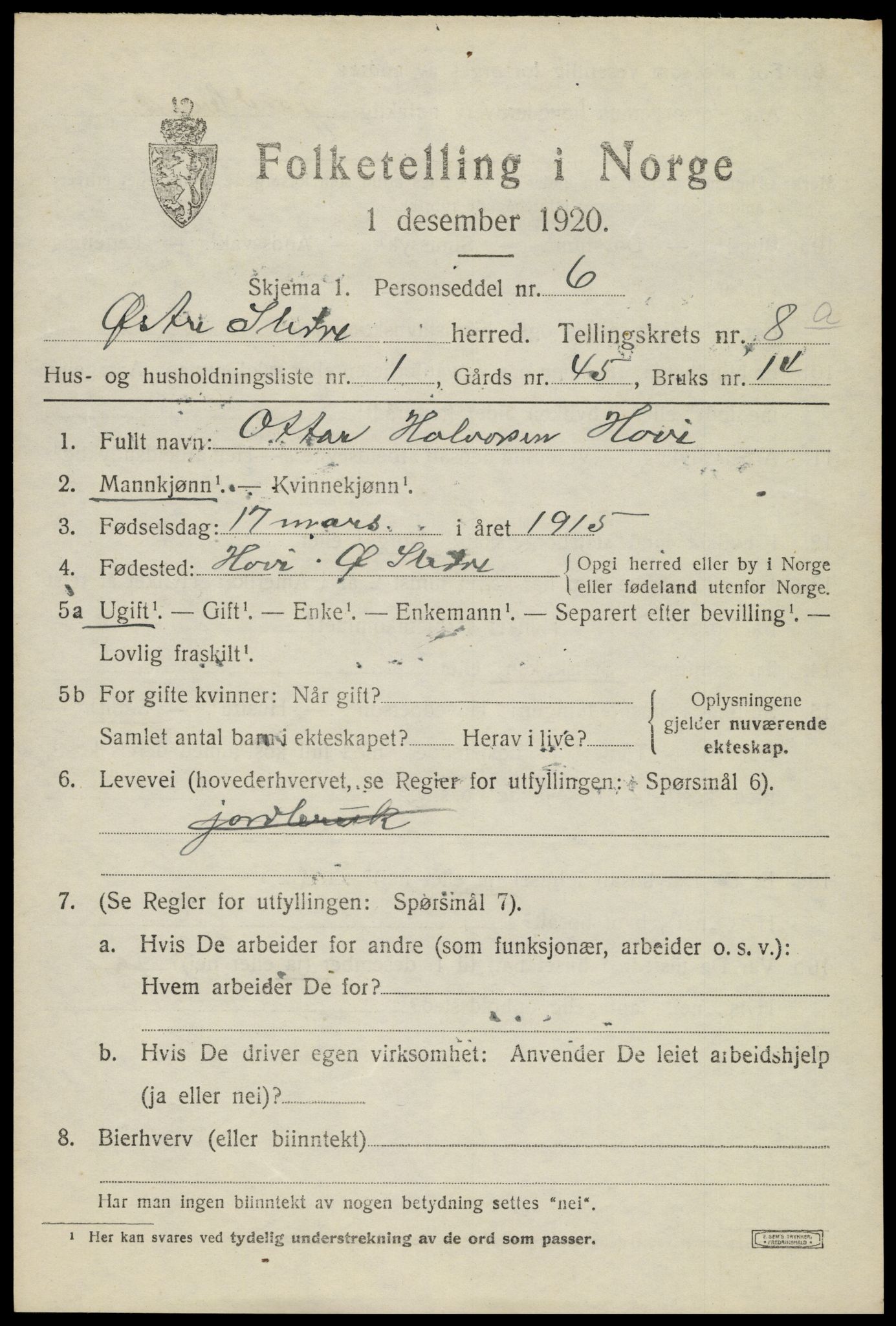 SAH, 1920 census for Øystre Slidre, 1920, p. 4771