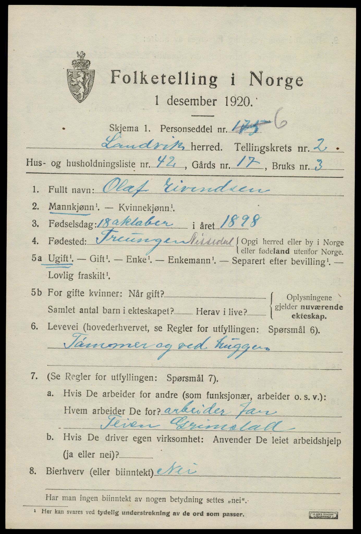 SAK, 1920 census for Landvik, 1920, p. 2116
