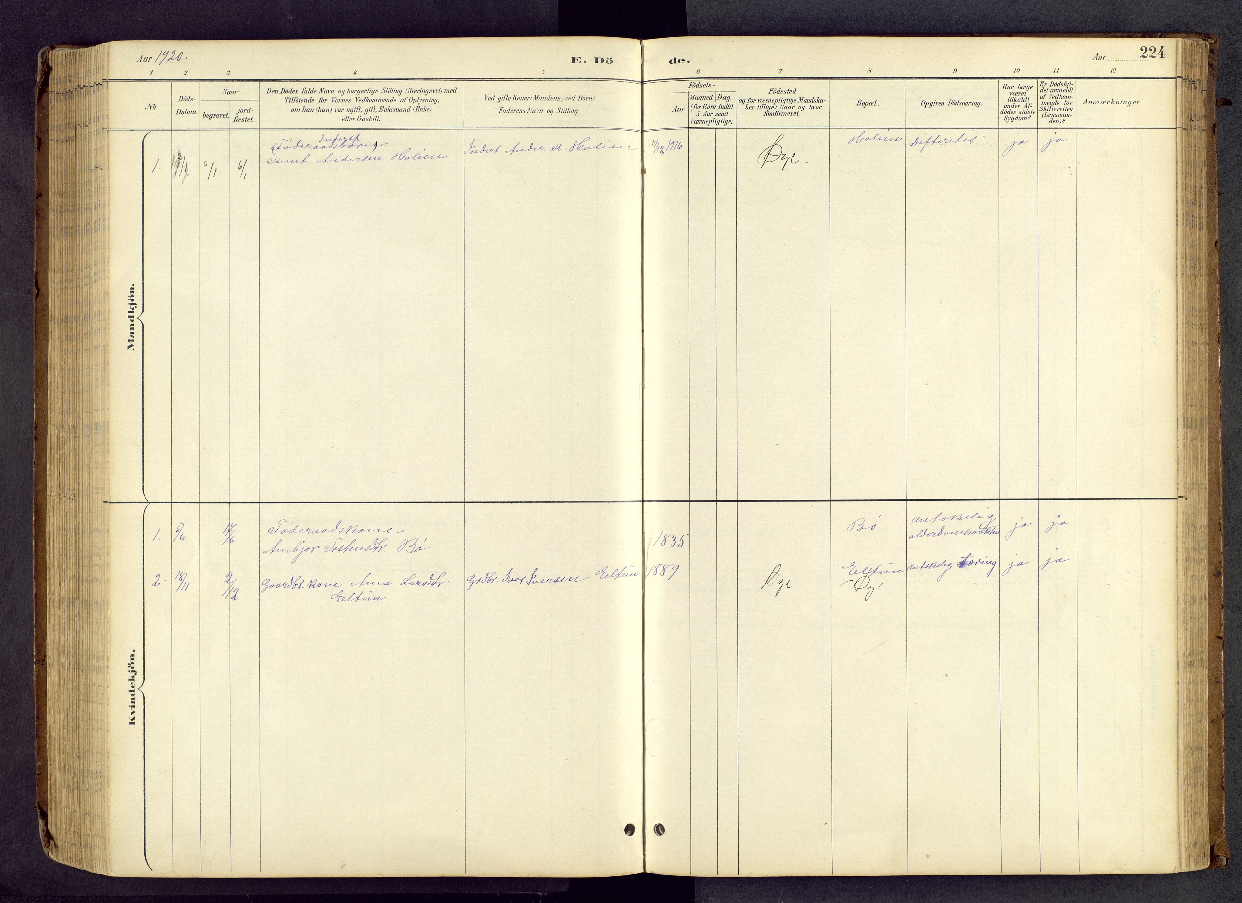 Vang prestekontor, Valdres, SAH/PREST-140/H/Hb/L0005: Parish register (copy) no. 5, 1889-1945, p. 224