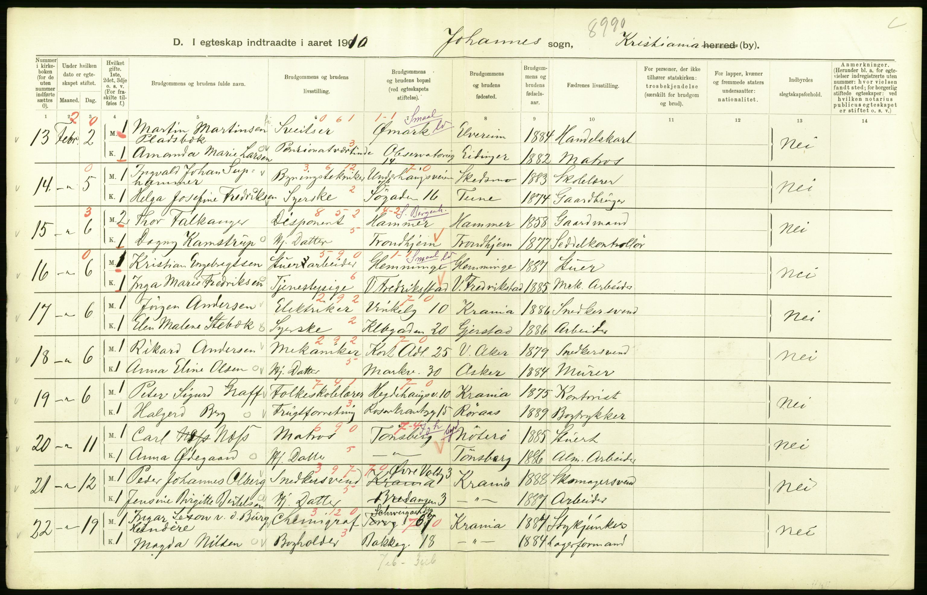 Statistisk sentralbyrå, Sosiodemografiske emner, Befolkning, AV/RA-S-2228/D/Df/Dfa/Dfah/L0009: Kristiania: Gifte og dødfødte., 1910, p. 152