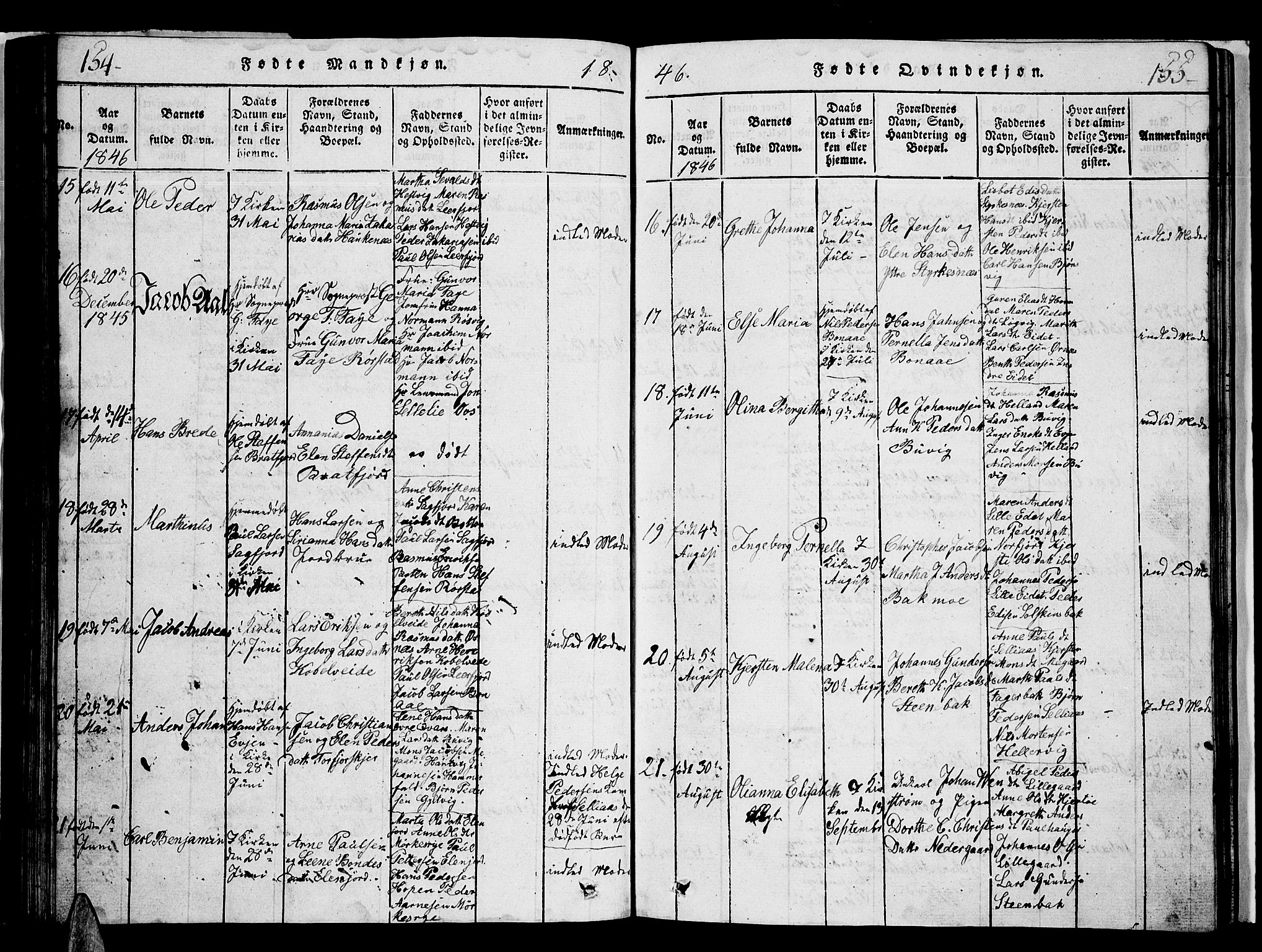 Ministerialprotokoller, klokkerbøker og fødselsregistre - Nordland, AV/SAT-A-1459/853/L0773: Parish register (copy) no. 853C01, 1821-1859, p. 154-155