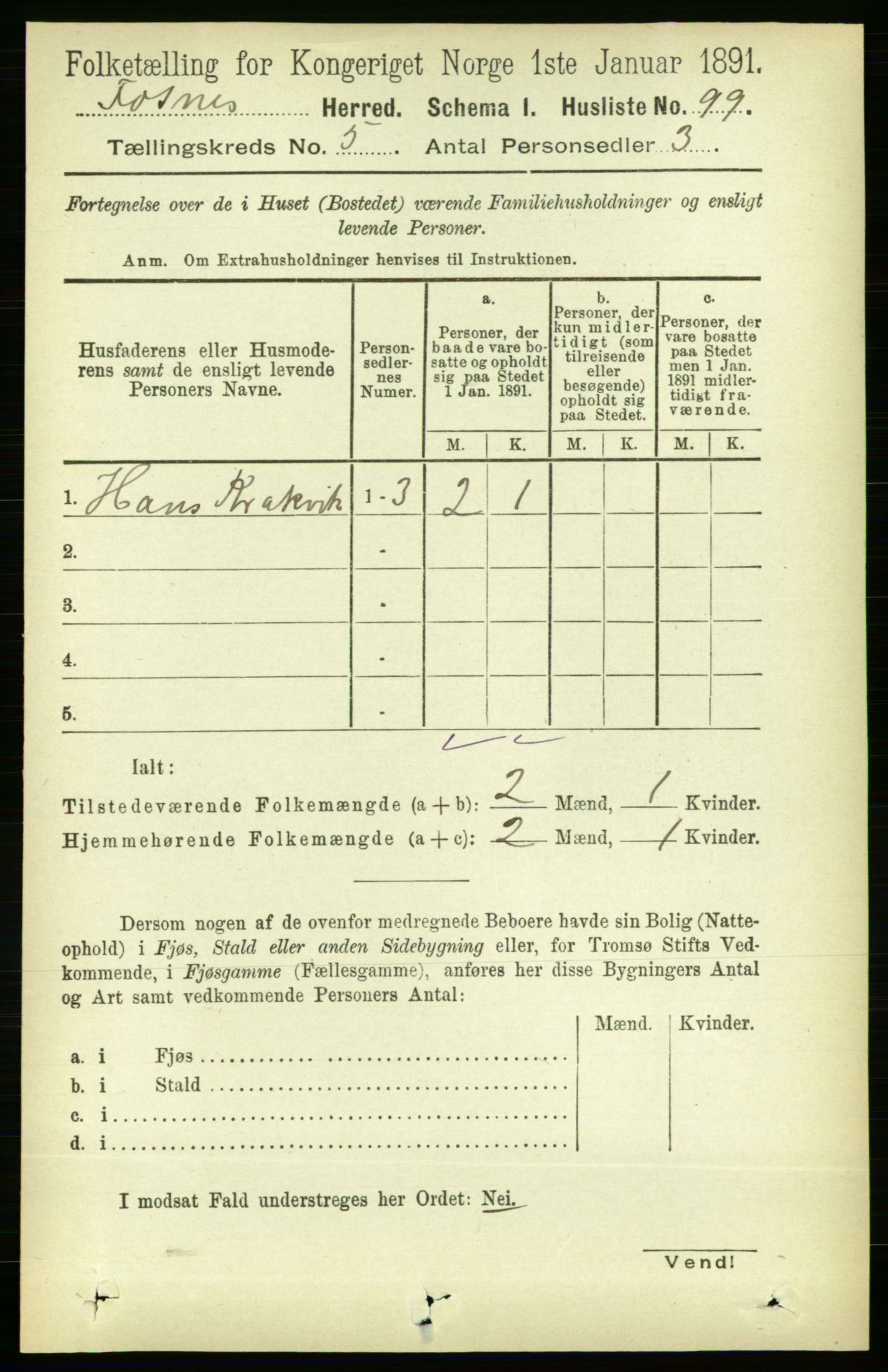 RA, 1891 census for 1748 Fosnes, 1891, p. 1991