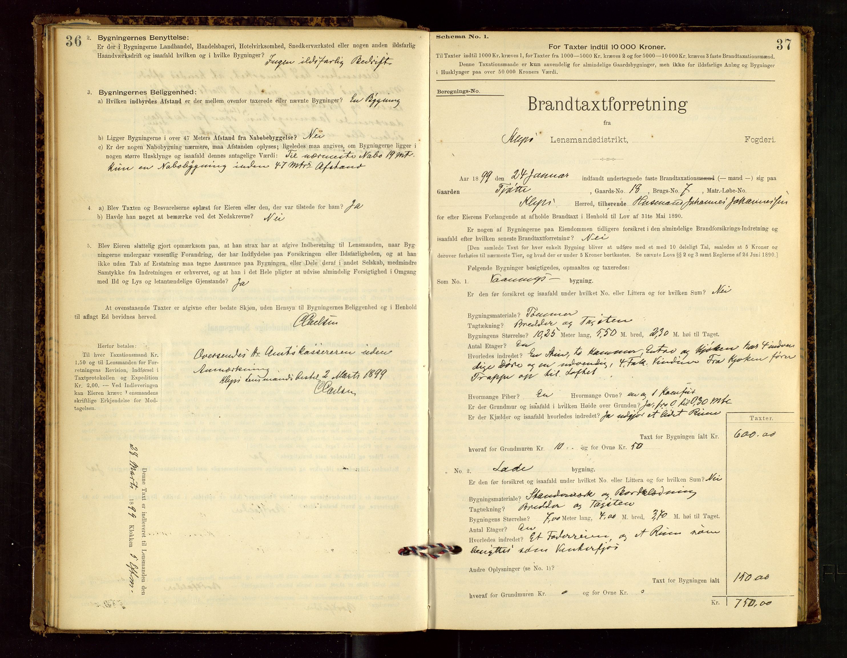 Klepp lensmannskontor, AV/SAST-A-100163/Goc/L0002: "Brandtaxationsprotokol" m/register, 1898-1902, p. 36-37