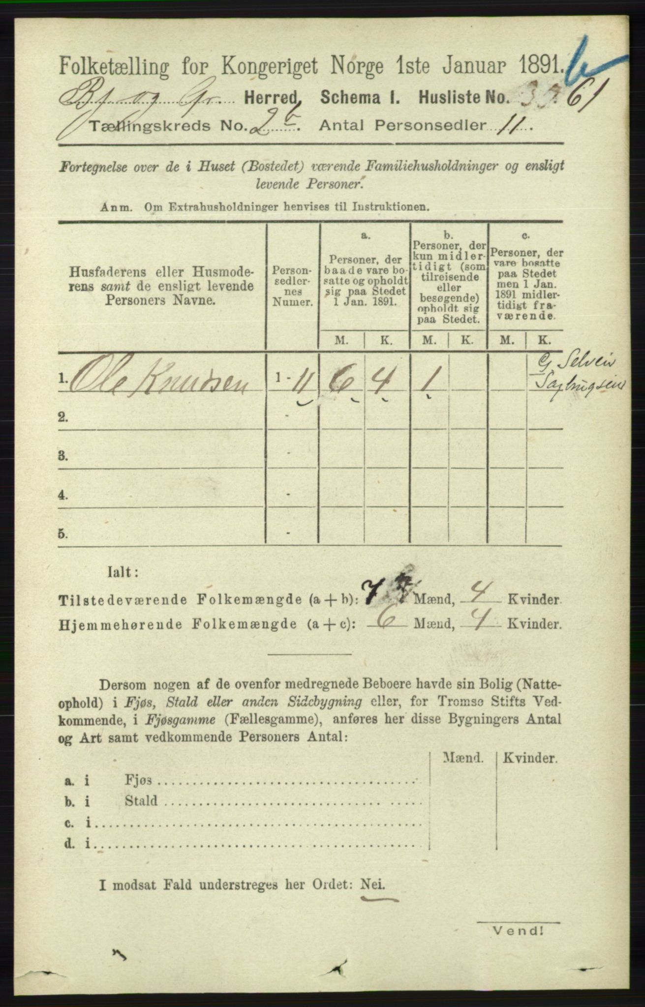 RA, 1891 census for 1024 Bjelland og Grindheim, 1891, p. 304