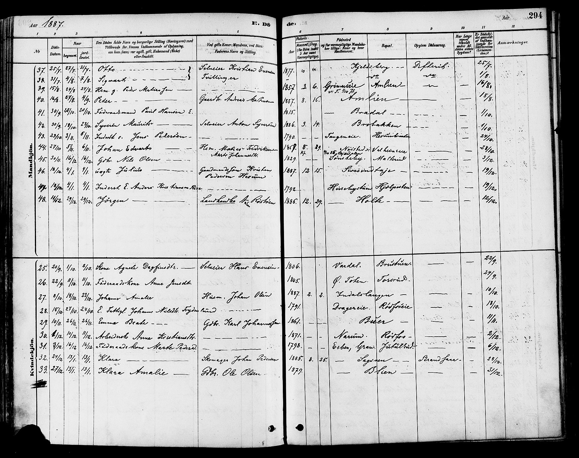 Vestre Toten prestekontor, AV/SAH-PREST-108/H/Ha/Haa/L0009: Parish register (official) no. 9, 1878-1894, p. 294