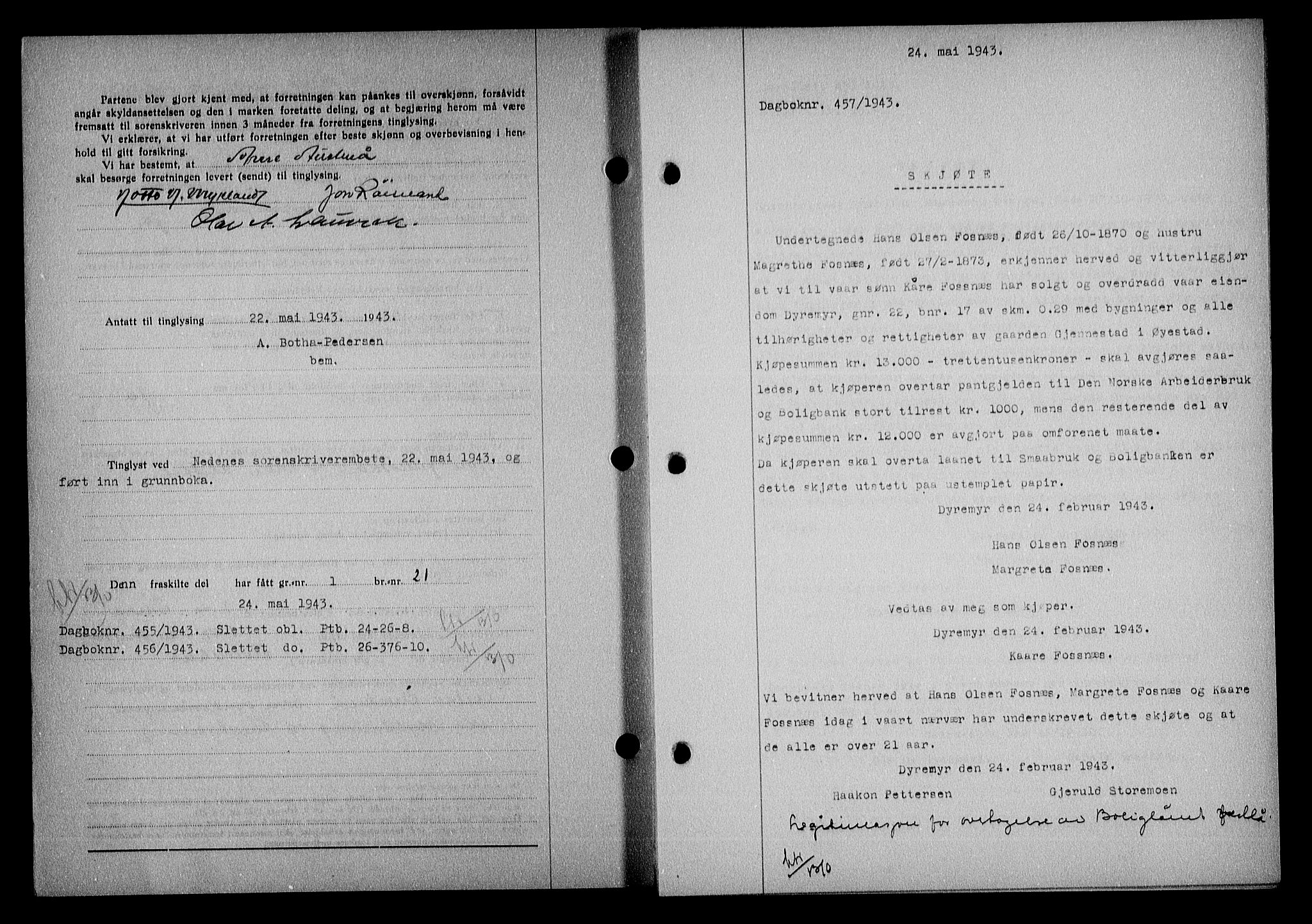 Nedenes sorenskriveri, SAK/1221-0006/G/Gb/Gba/L0050: Mortgage book no. A-IV, 1942-1943, Diary no: : 457/1943