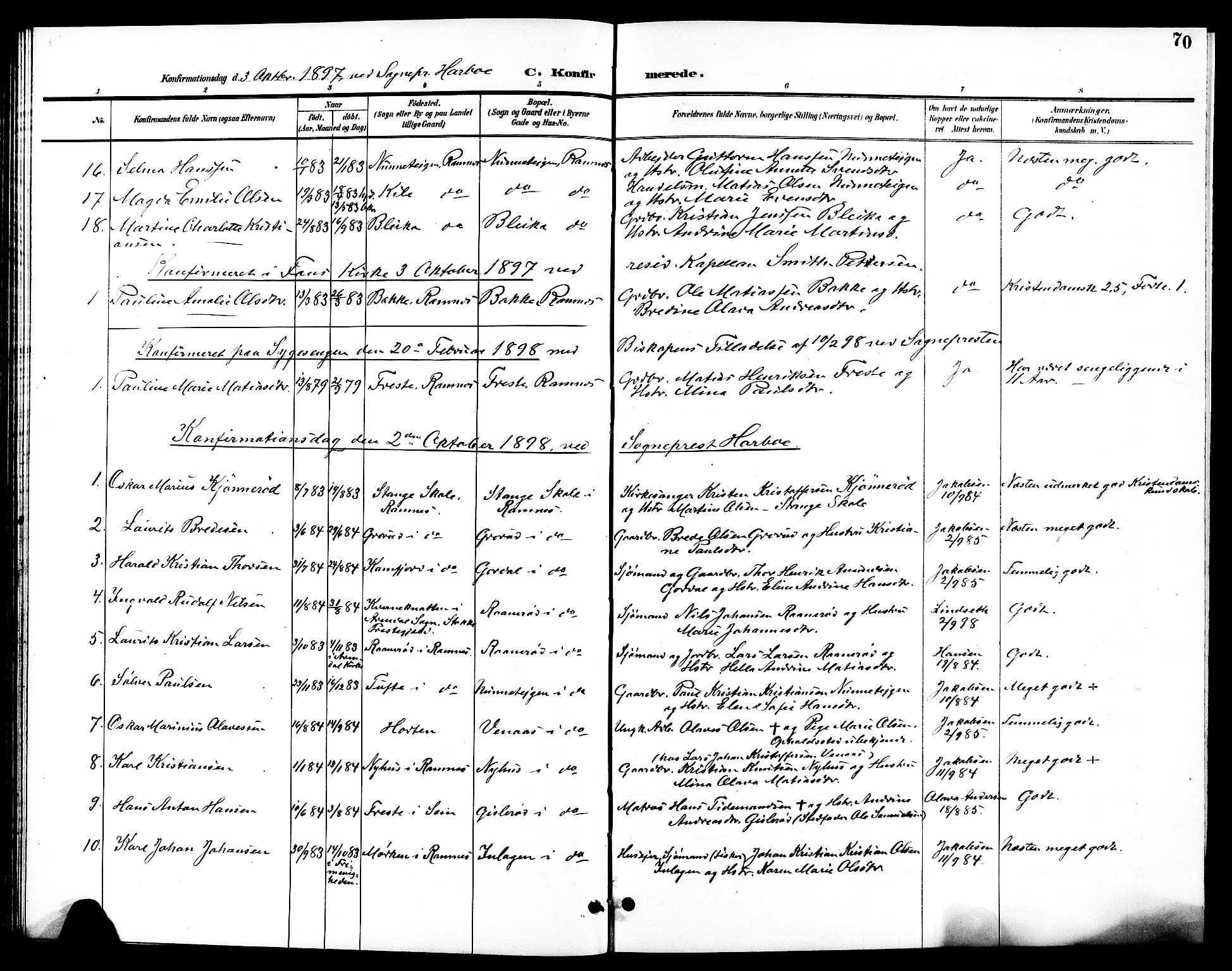 Ramnes kirkebøker, AV/SAKO-A-314/G/Ga/L0004: Parish register (copy) no. I 4, 1896-1911, p. 70