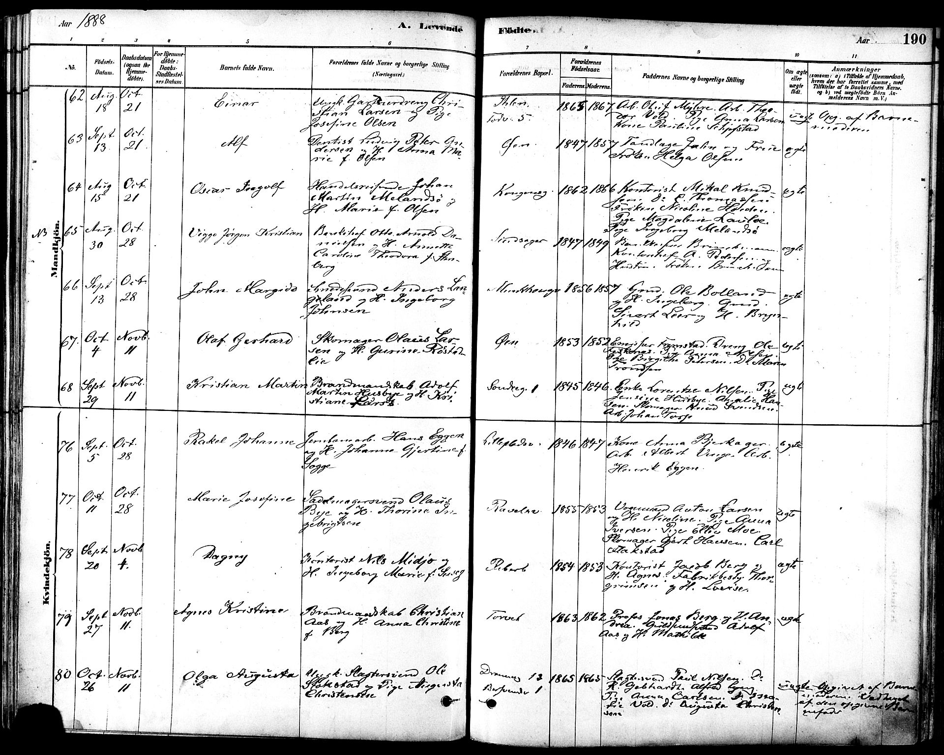 Ministerialprotokoller, klokkerbøker og fødselsregistre - Sør-Trøndelag, SAT/A-1456/601/L0057: Parish register (official) no. 601A25, 1877-1891, p. 190