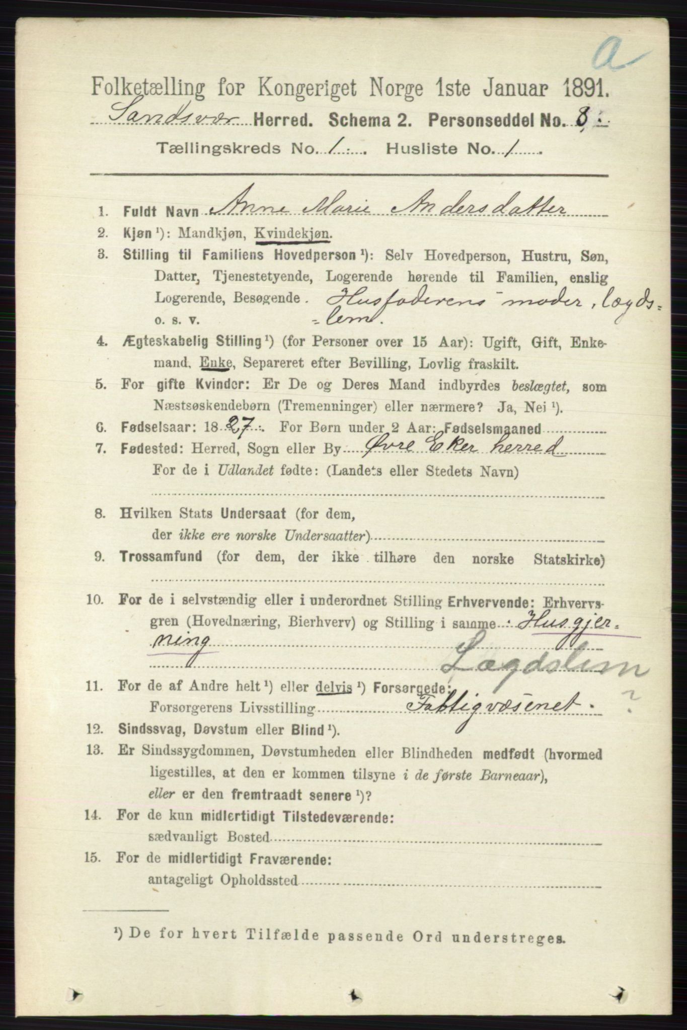 RA, 1891 census for 0629 Sandsvær, 1891, p. 124