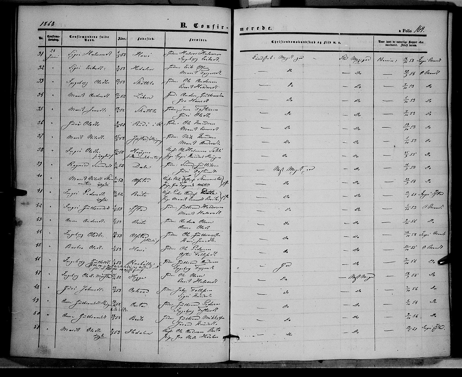 Øystre Slidre prestekontor, SAH/PREST-138/H/Ha/Haa/L0001: Parish register (official) no. 1, 1849-1874, p. 164