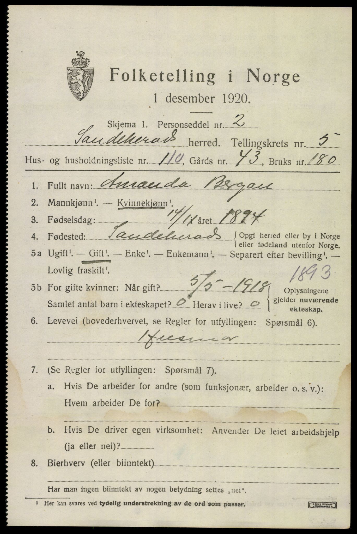 SAKO, 1920 census for Sandeherred, 1920, p. 9544