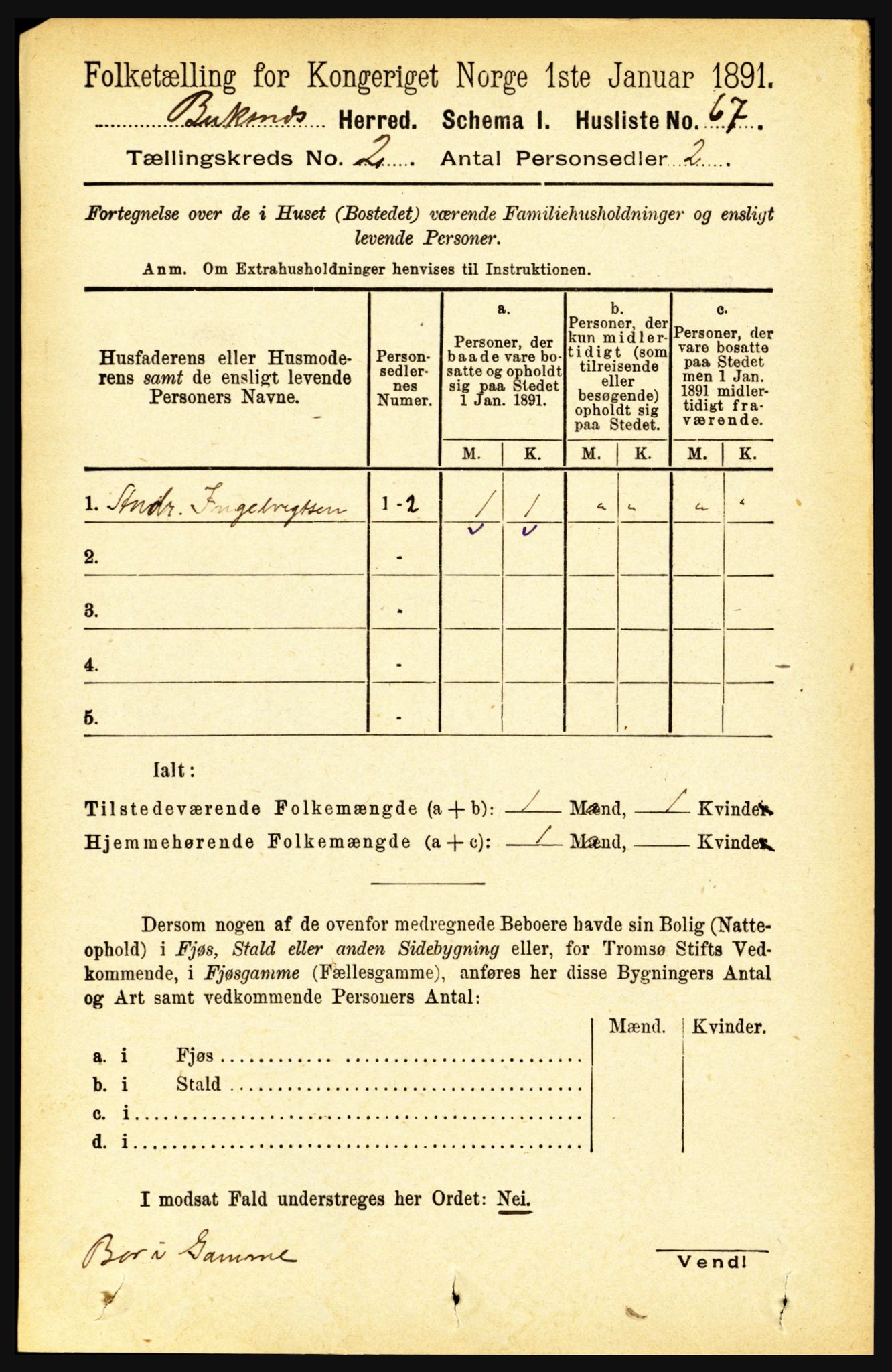 RA, 1891 census for 1860 Buksnes, 1891, p. 1587