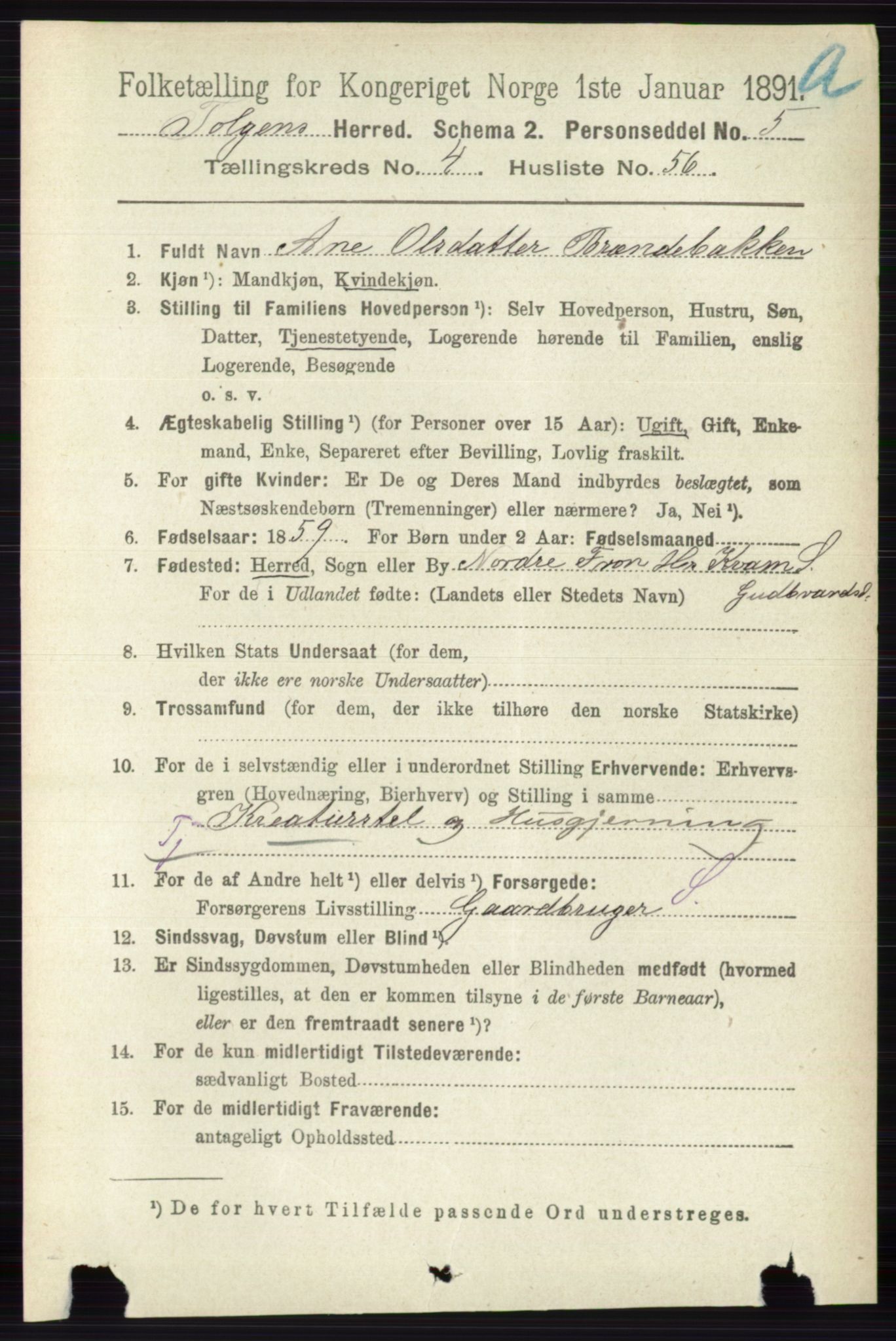 RA, 1891 census for 0436 Tolga, 1891, p. 1241