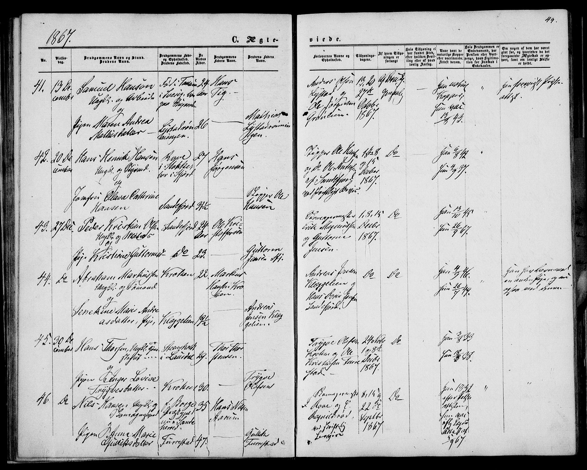 Sandar kirkebøker, SAKO/A-243/F/Fa/L0009: Parish register (official) no. 9, 1862-1871, p. 49