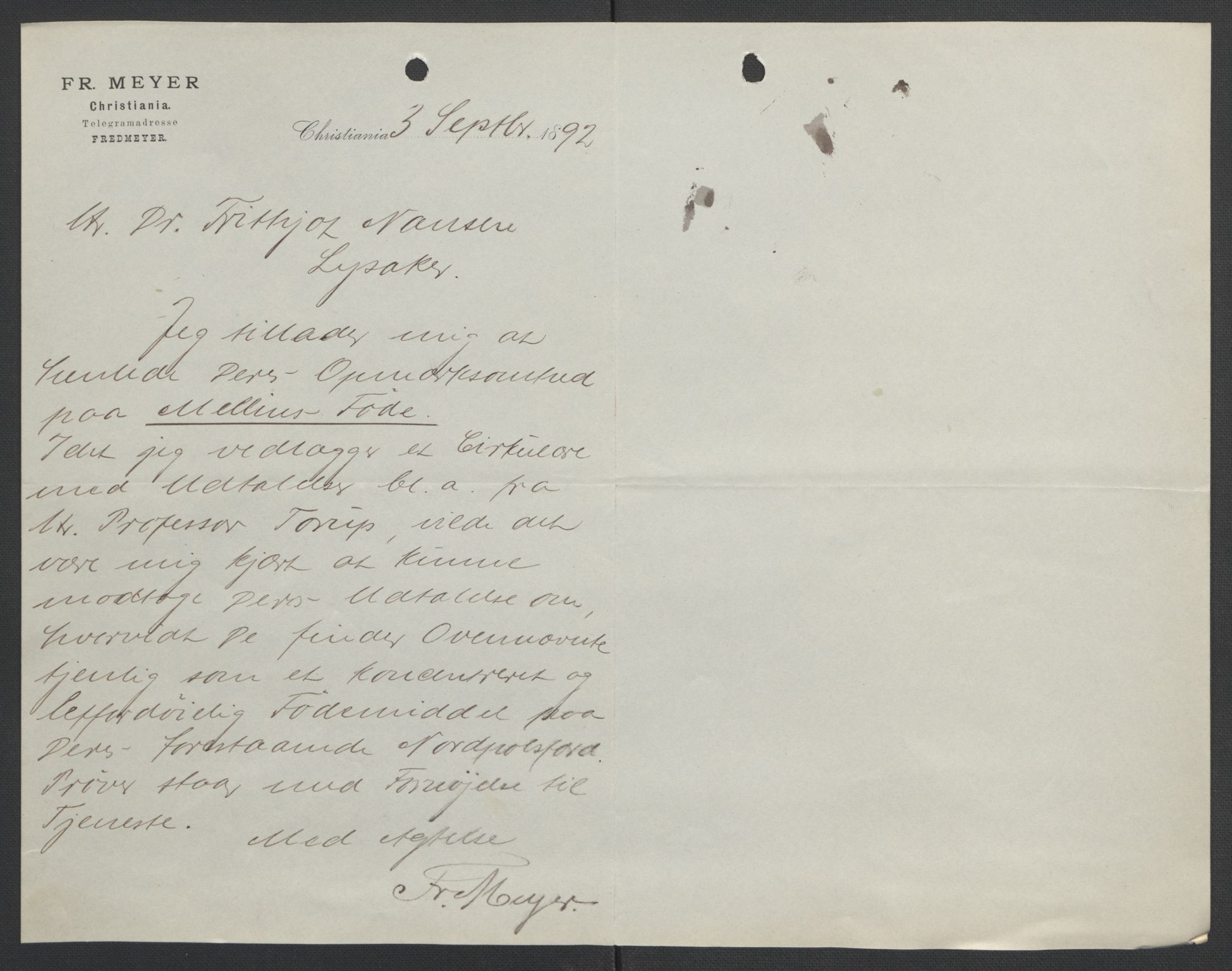 Arbeidskomitéen for Fridtjof Nansens polarekspedisjon, AV/RA-PA-0061/D/L0004: Innk. brev og telegrammer vedr. proviant og utrustning, 1892-1893, p. 364