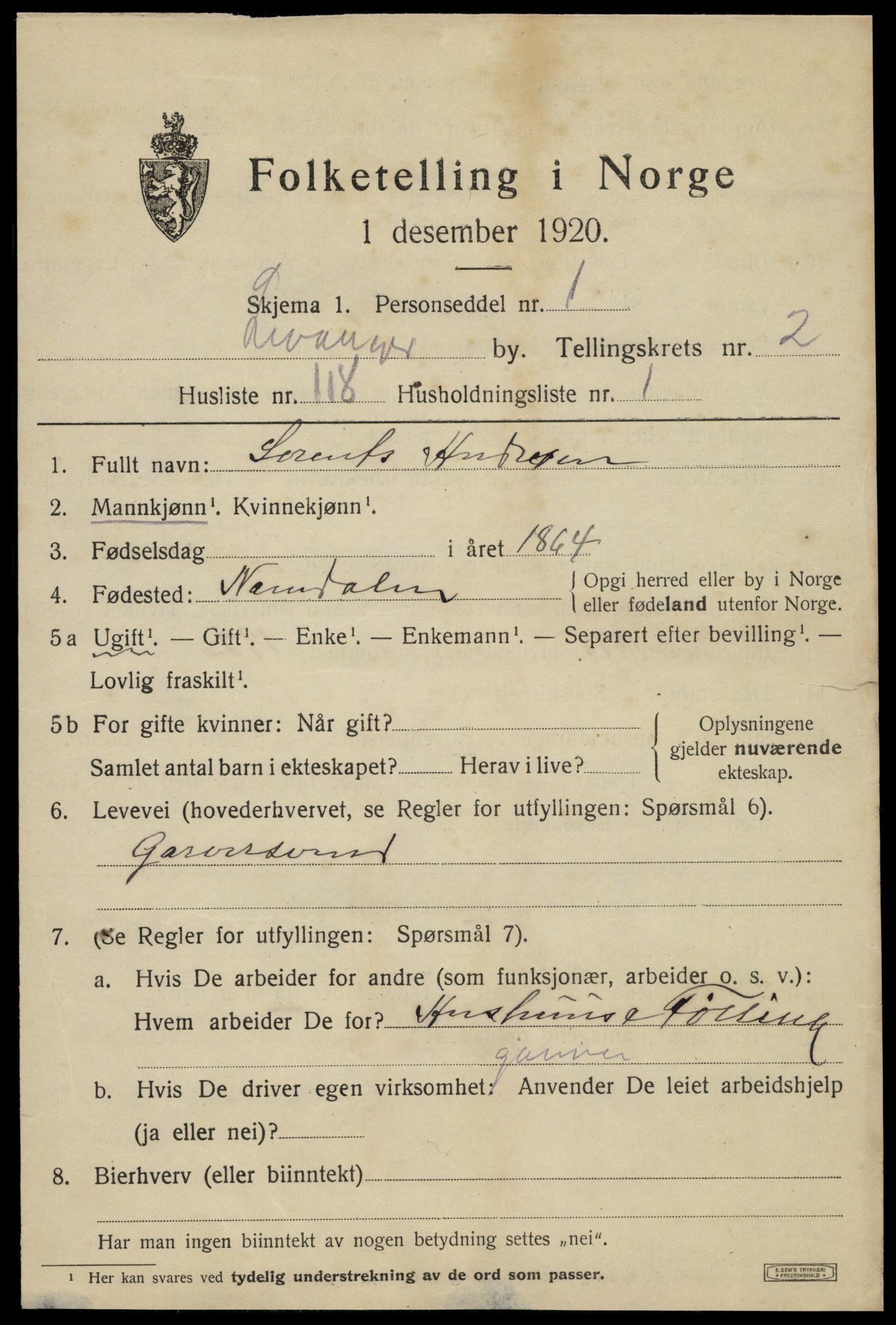 SAT, 1920 census for Levanger town, 1920, p. 4982