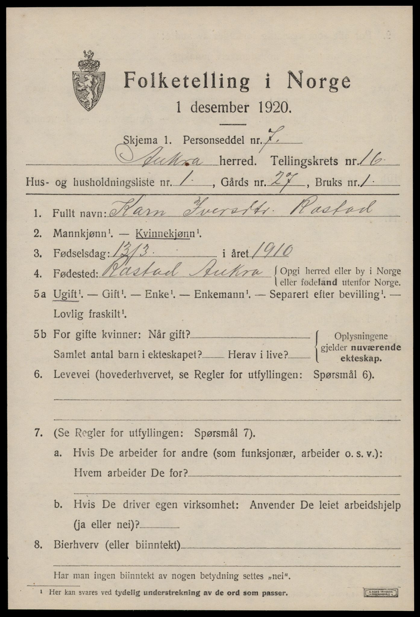 SAT, 1920 census for Aukra, 1920, p. 6945