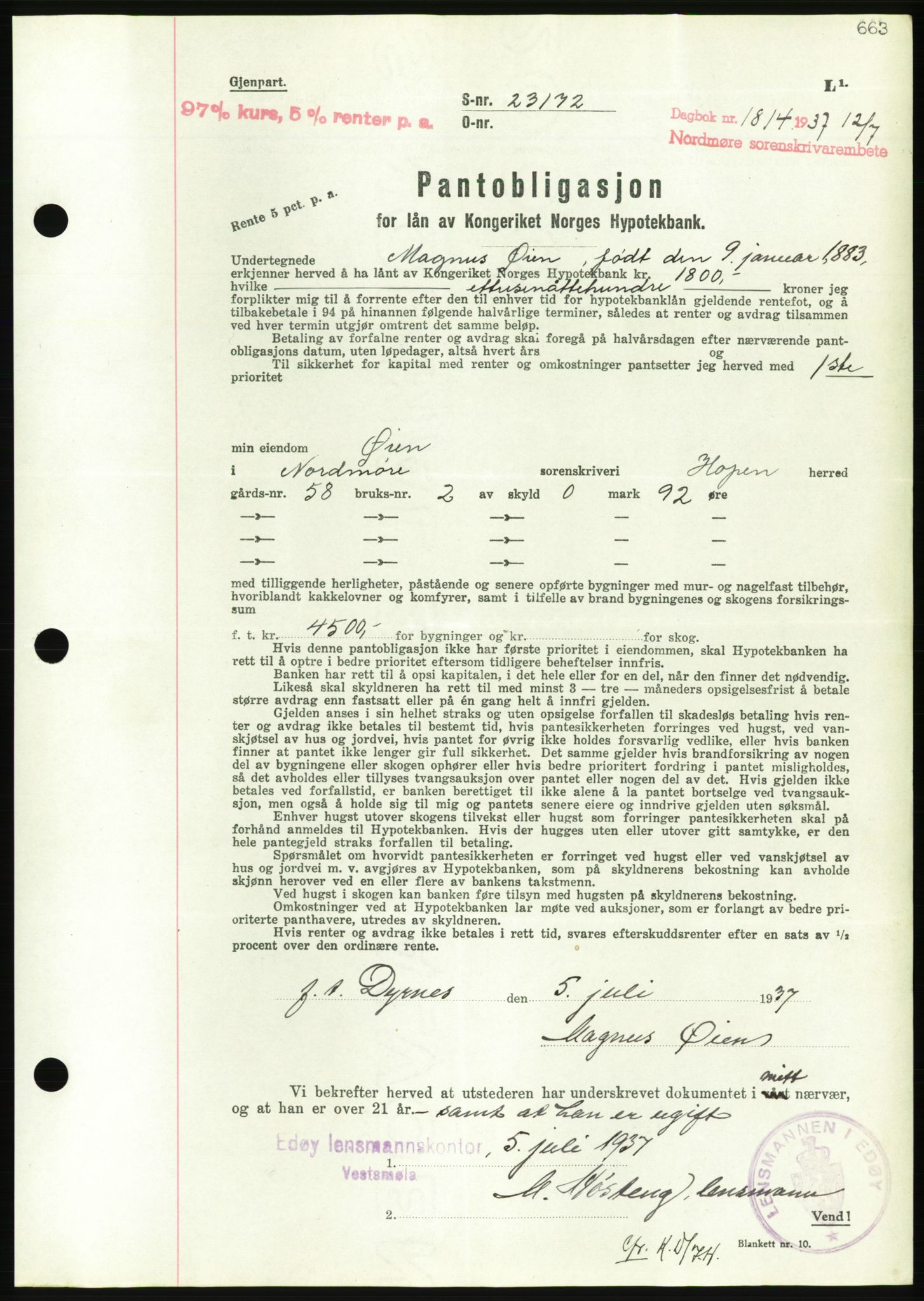 Nordmøre sorenskriveri, AV/SAT-A-4132/1/2/2Ca/L0091: Mortgage book no. B81, 1937-1937, Diary no: : 1814/1937