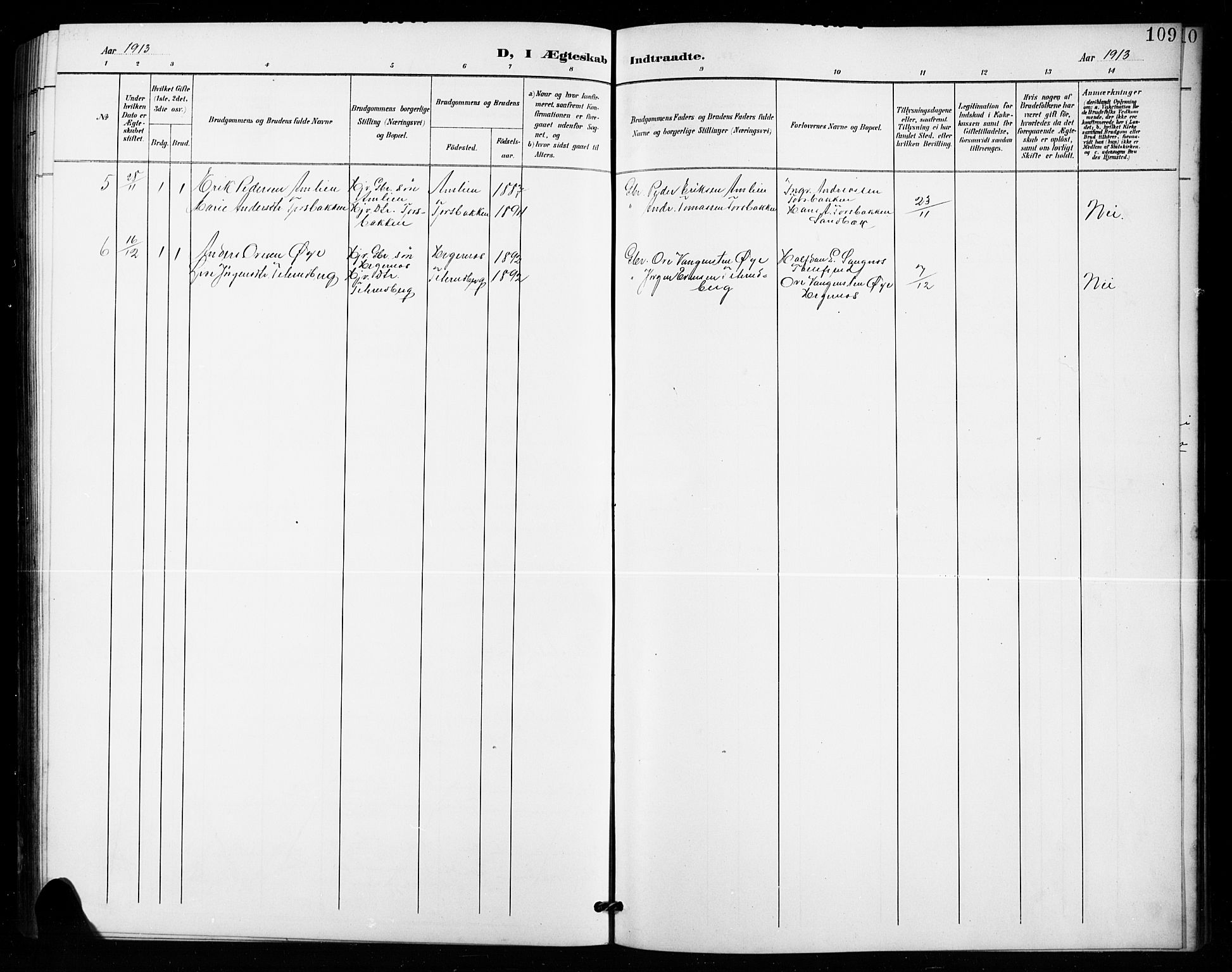 Vestre Toten prestekontor, SAH/PREST-108/H/Ha/Hab/L0016: Parish register (copy) no. 16, 1901-1915, p. 109