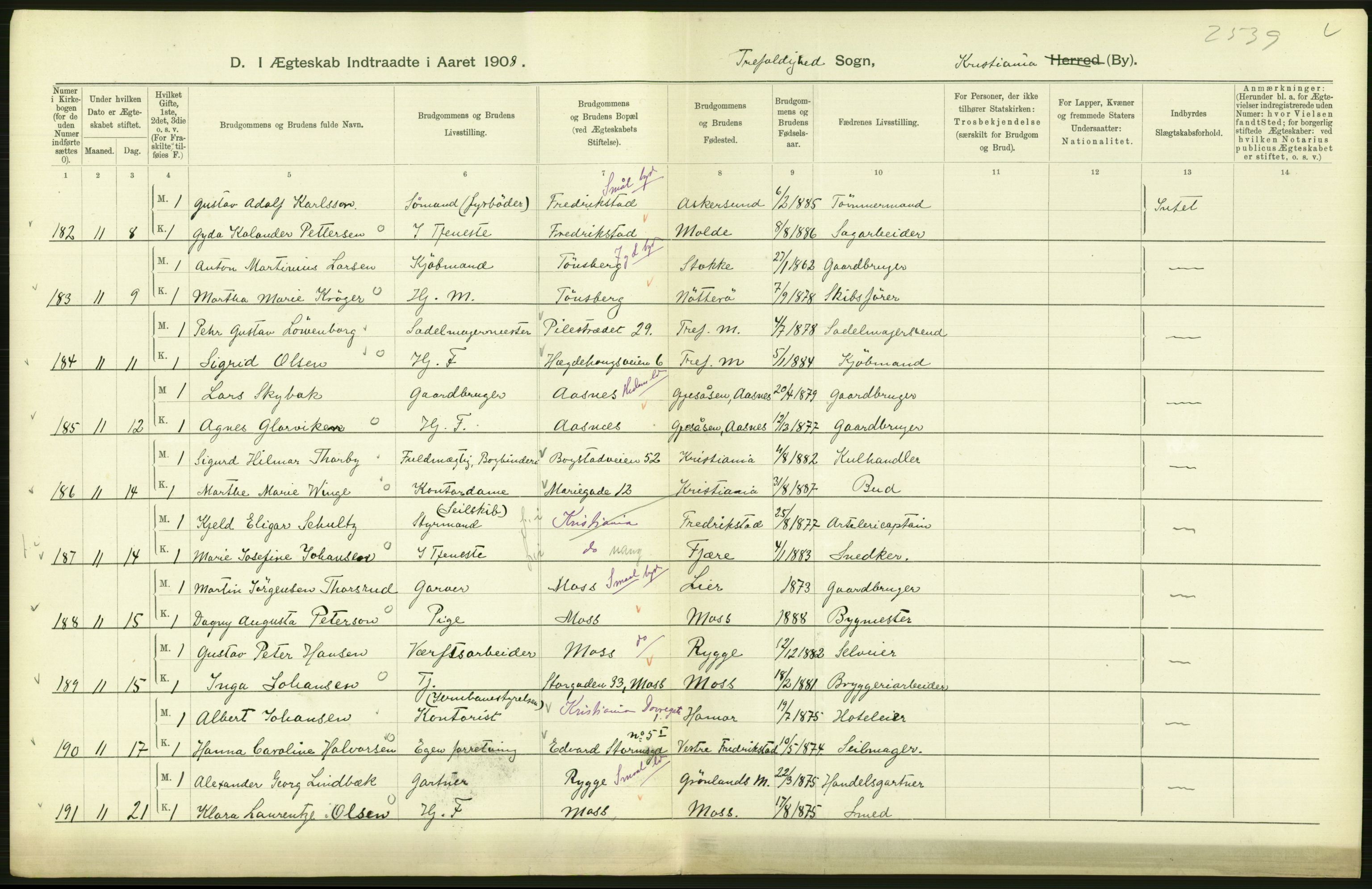 Statistisk sentralbyrå, Sosiodemografiske emner, Befolkning, AV/RA-S-2228/D/Df/Dfa/Dfaf/L0007: Kristiania: Gifte, 1908, p. 444