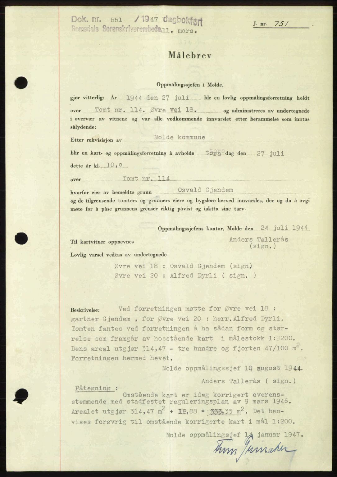 Romsdal sorenskriveri, SAT/A-4149/1/2/2C: Mortgage book no. A22, 1947-1947, Diary no: : 551/1947