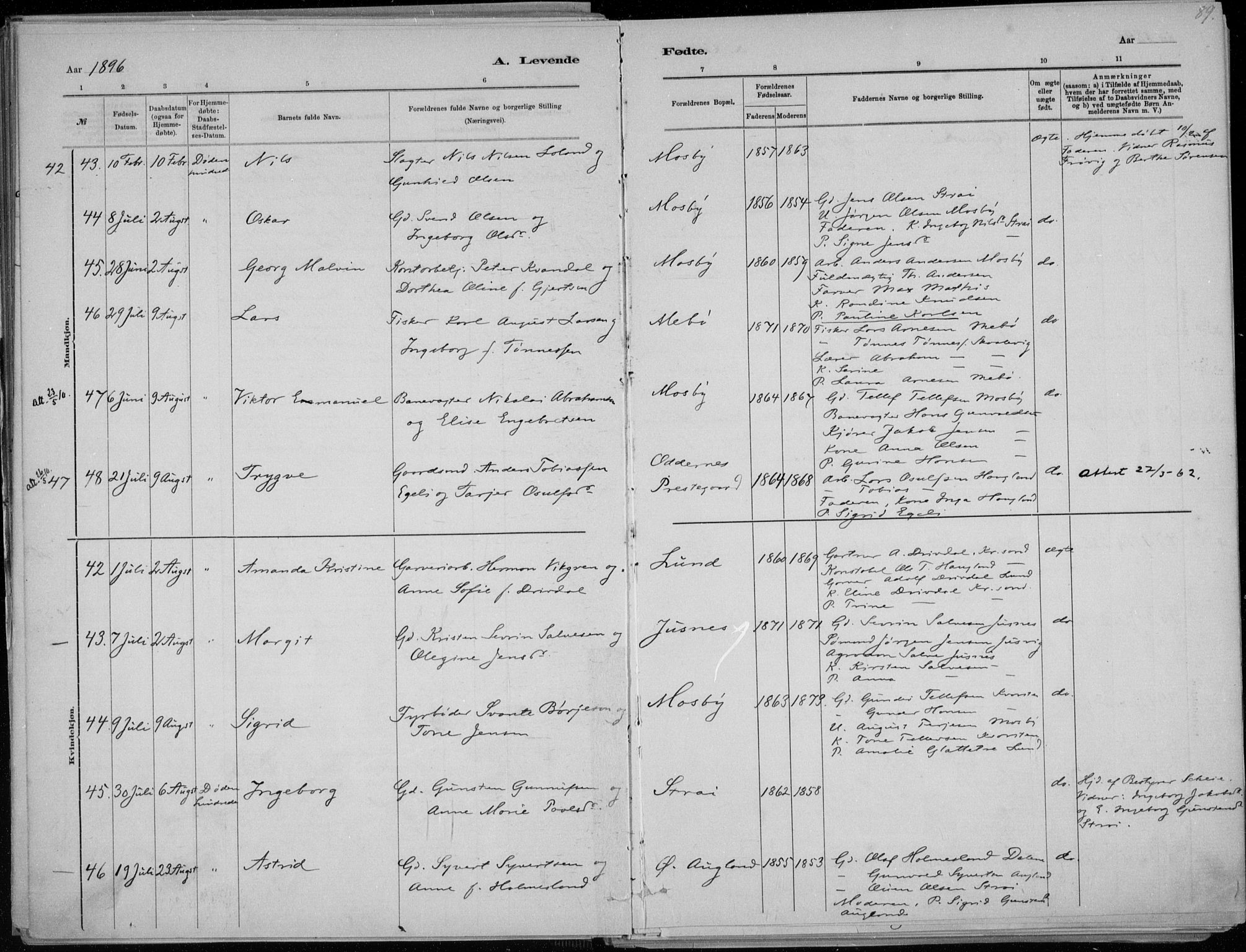 Oddernes sokneprestkontor, AV/SAK-1111-0033/F/Fa/Faa/L0009: Parish register (official) no. A 9, 1884-1896, p. 89