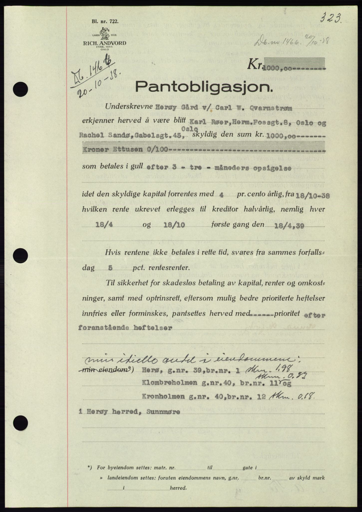 Søre Sunnmøre sorenskriveri, AV/SAT-A-4122/1/2/2C/L0066: Mortgage book no. 60, 1938-1938, Diary no: : 1466/1938