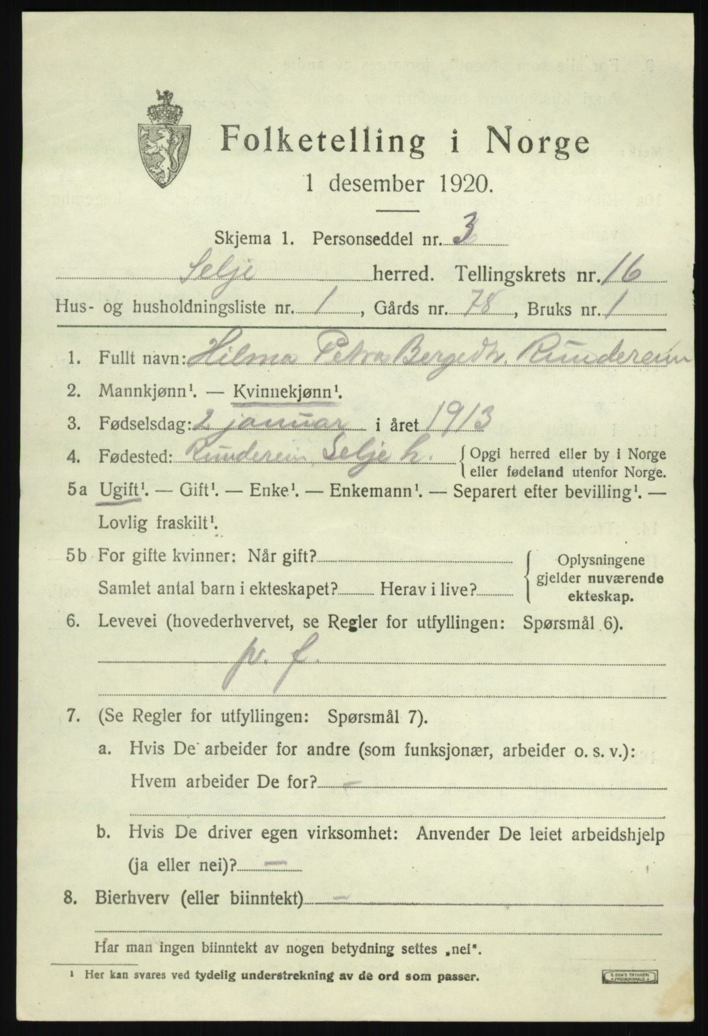 SAB, 1920 census for Selje, 1920, p. 7183