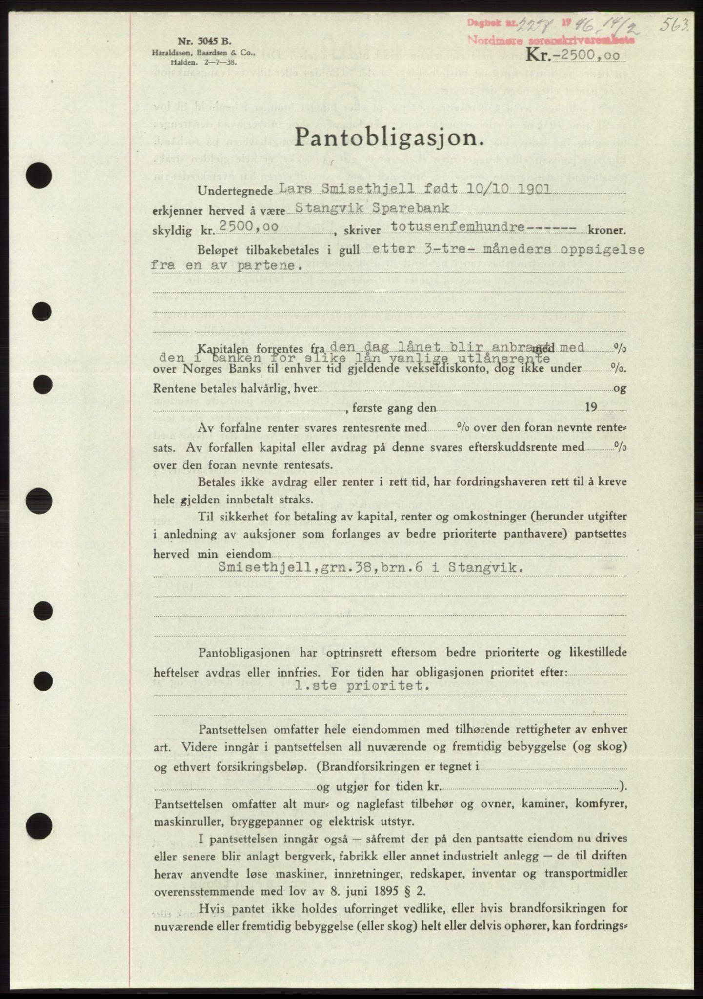 Nordmøre sorenskriveri, AV/SAT-A-4132/1/2/2Ca: Mortgage book no. B93b, 1946-1946, Diary no: : 227/1946