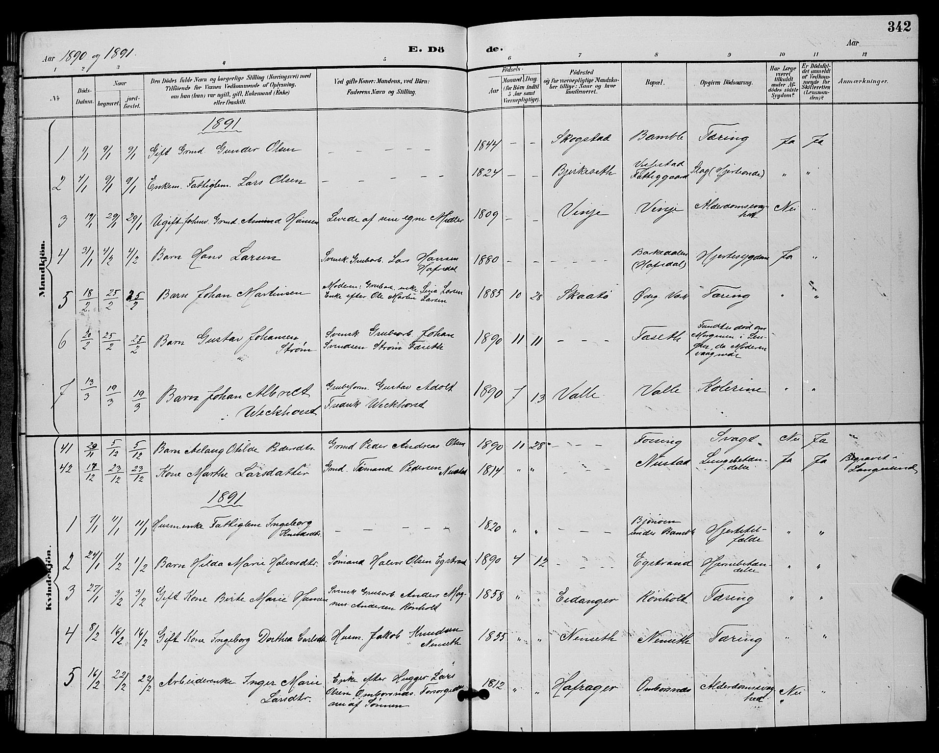 Bamble kirkebøker, SAKO/A-253/G/Ga/L0009: Parish register (copy) no. I 9, 1888-1900, p. 342